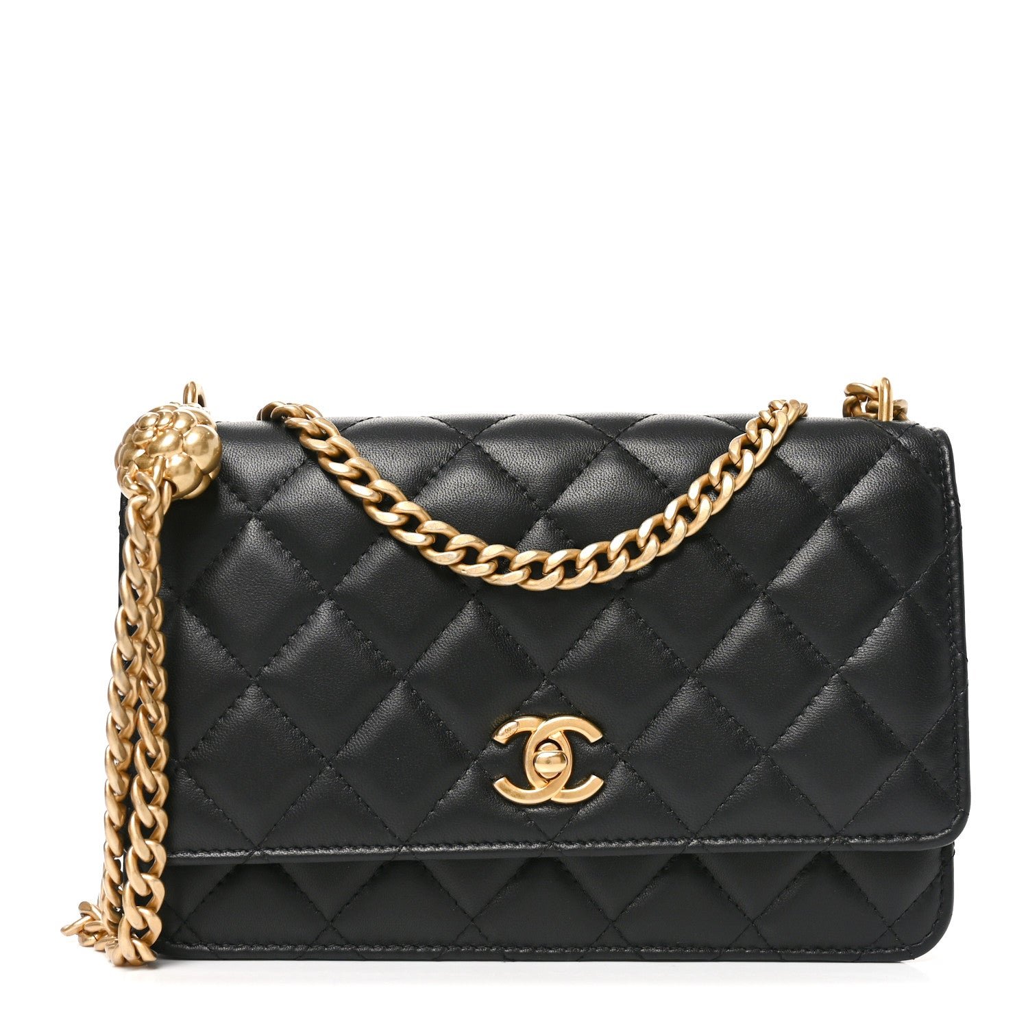 Chanel Lambskin Quilted Sweet Camellia Wallet on Chain WOC Black