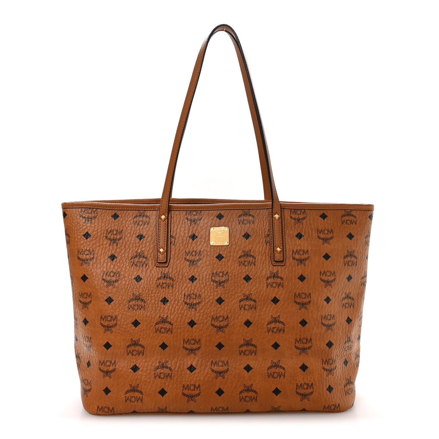MCM Visetos Medium Anya Top Zip Shopper Tote Cognac