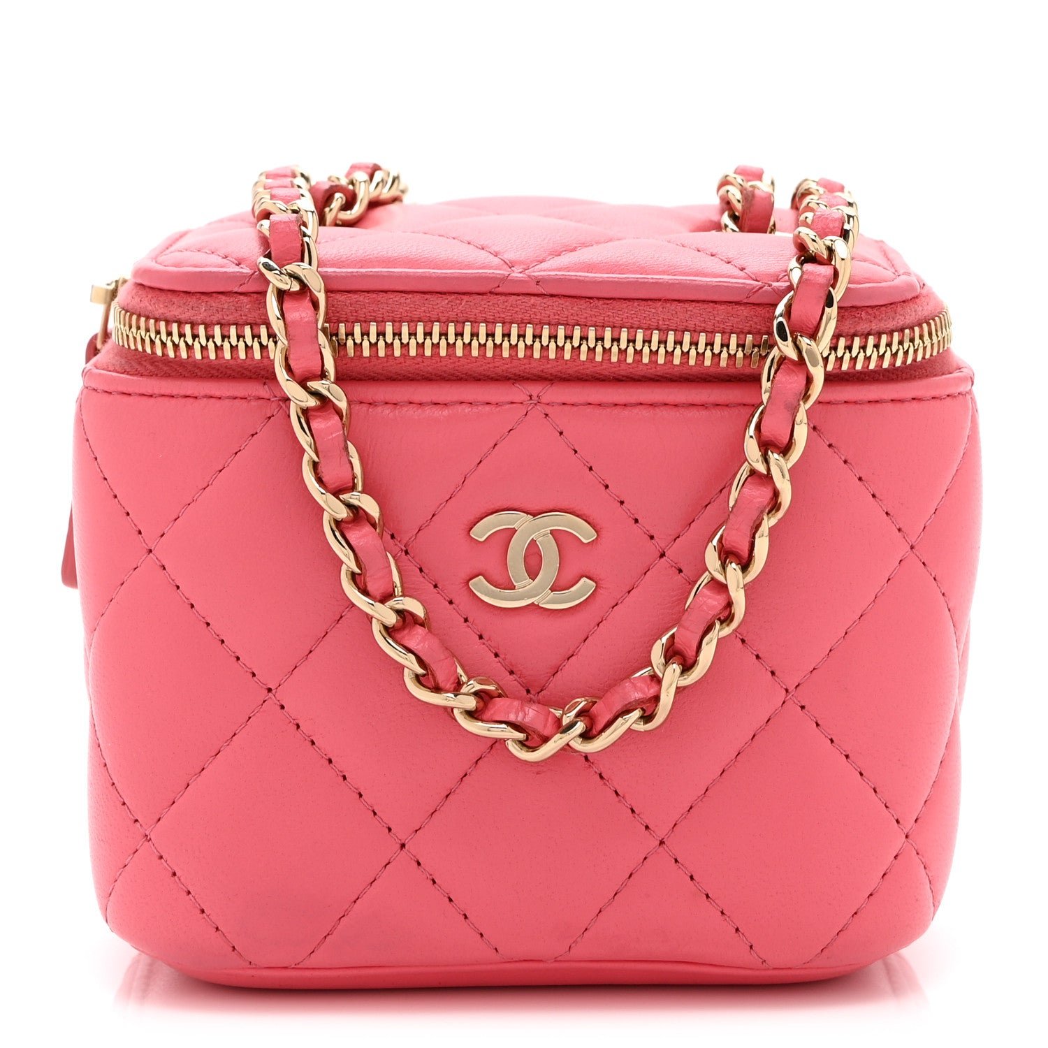 Chanel Lambskin Quilted Mini Vanity Case With Chain Pink