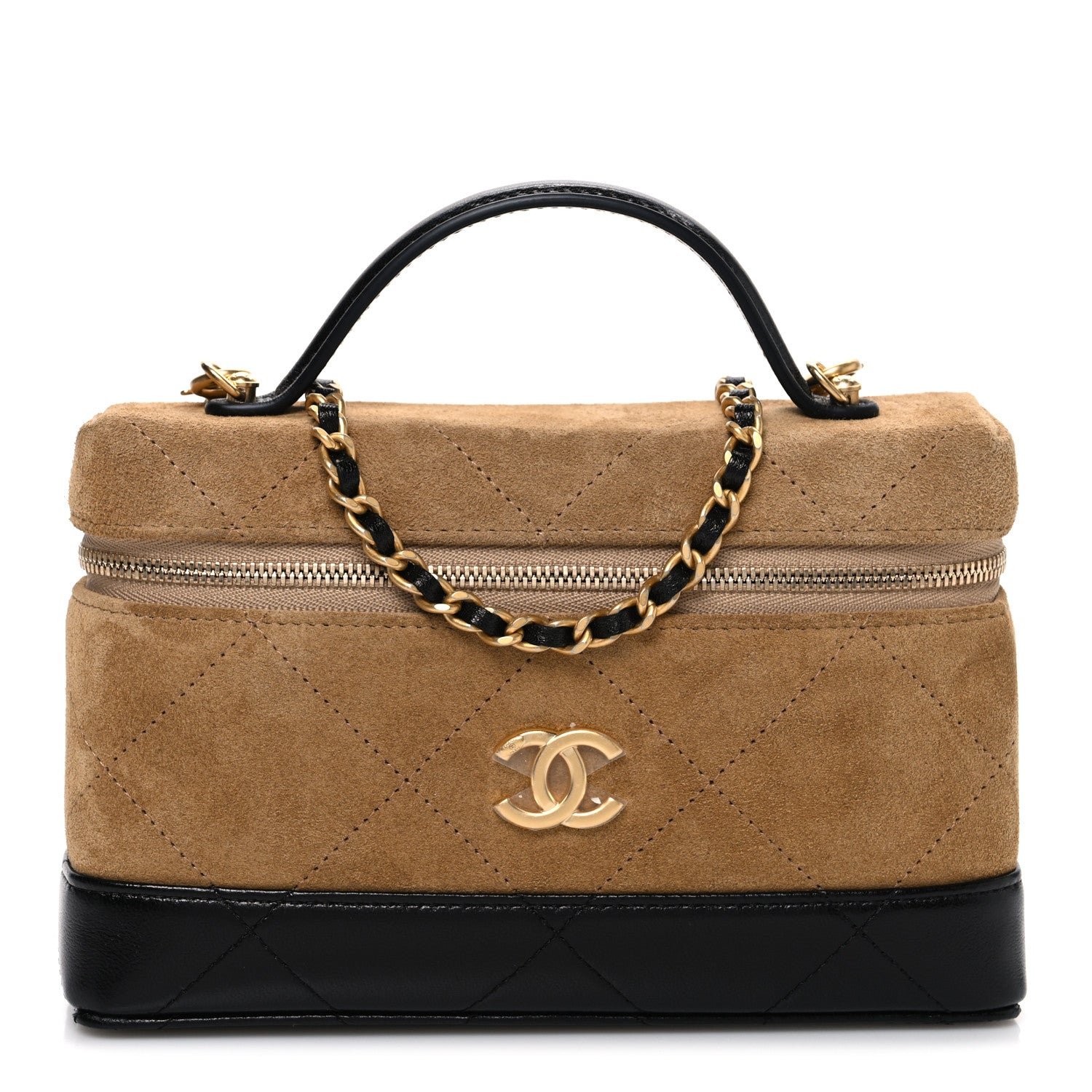 Chanel Suede Calfskin Shiny Lambskin Stitched Top Handle Slim Vanity Case With Chain Beige Black