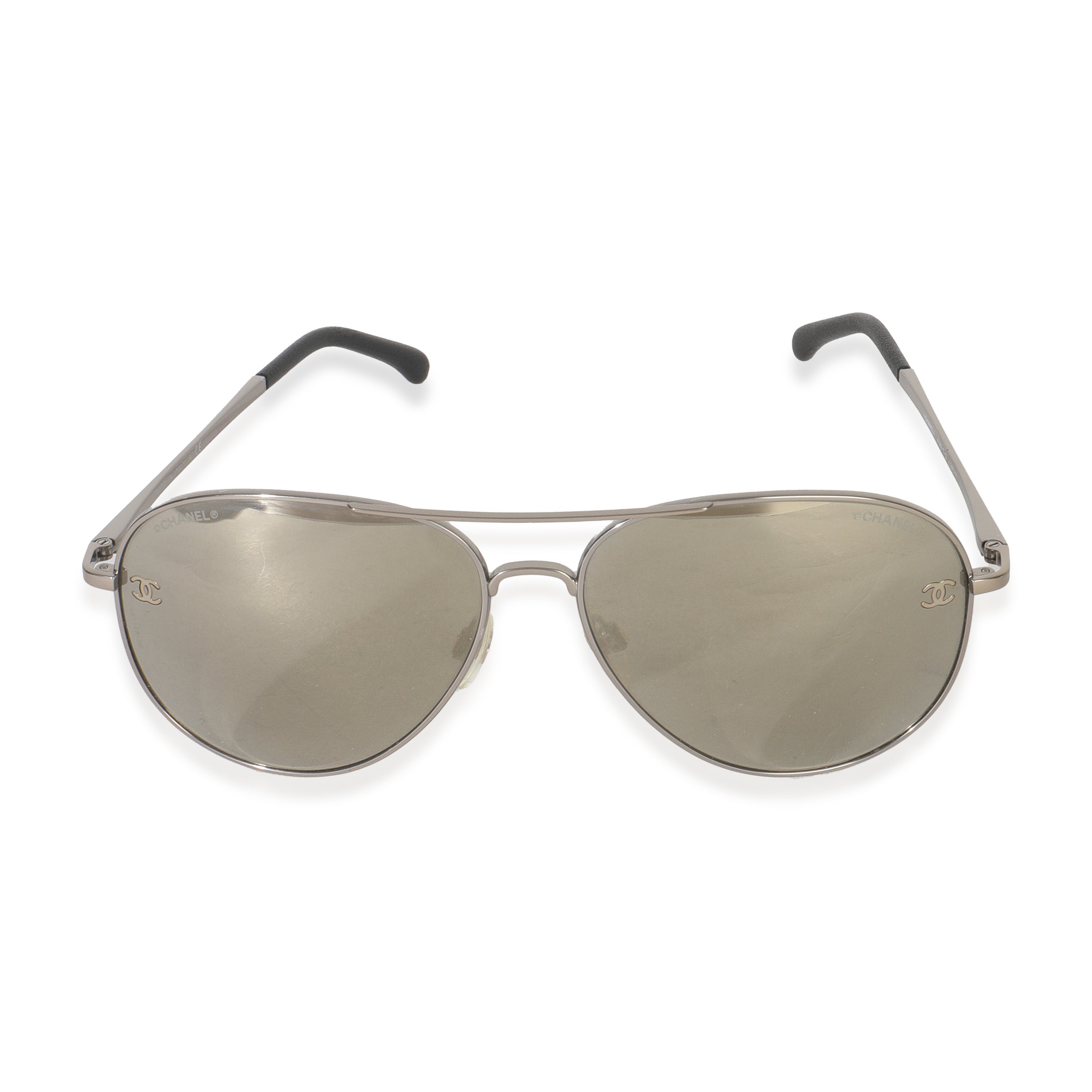 Chanel Silver Metal Mirror Lens CC Aviator Sunglasses