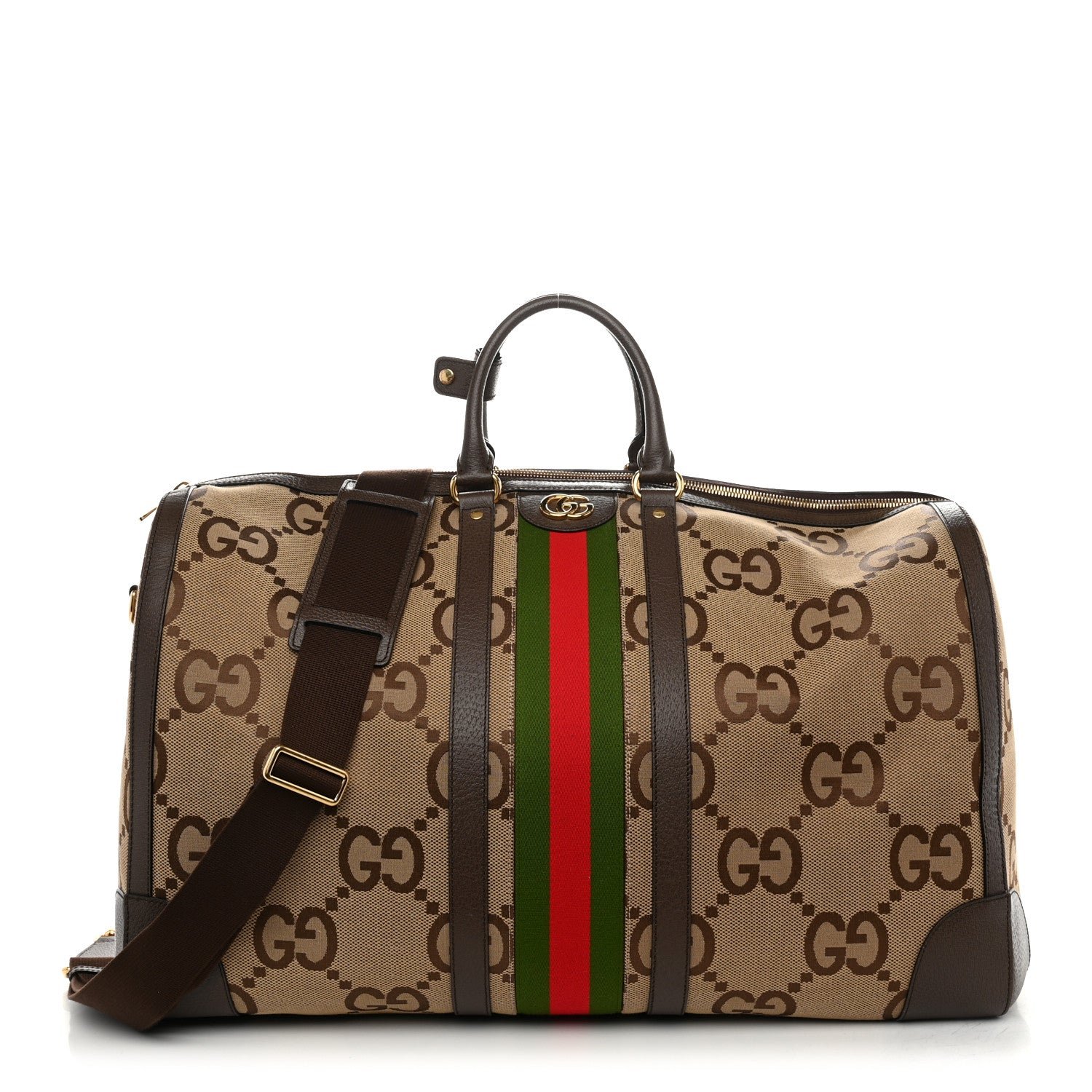 Gucci Monogram Jumbo GG Textured Dollar Calfskin Web Maxi Duffle Bag Camel Ebony