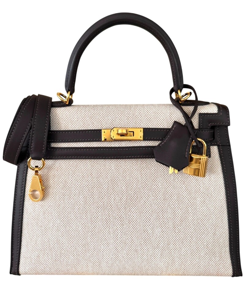 Hermes Bai Brun Swift and Ecru Beige Toile H Sellier Kelly 25 Gold Hardware, 2025