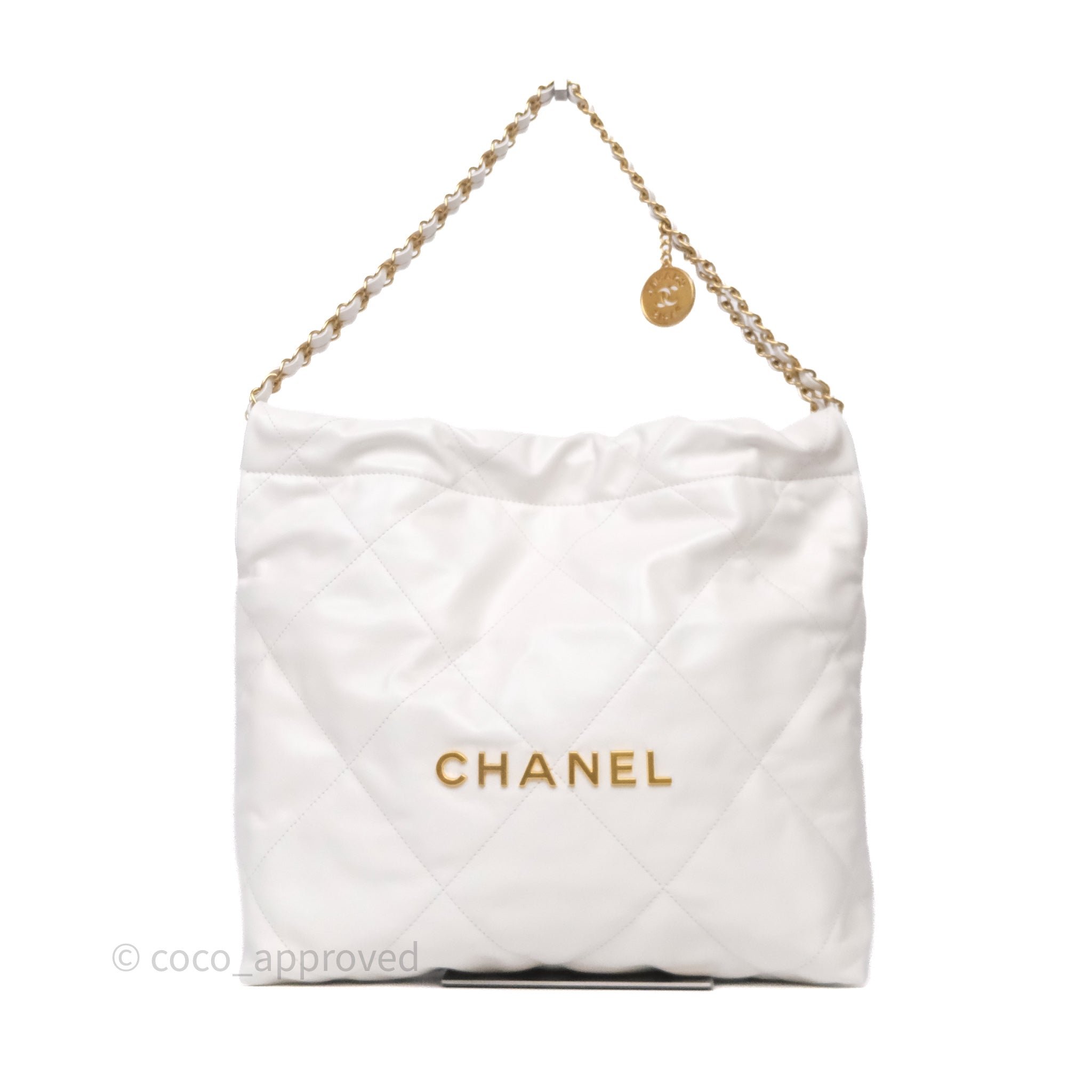 Chanel 22 Small White Shiny Calfskin Aged Gold Hardware