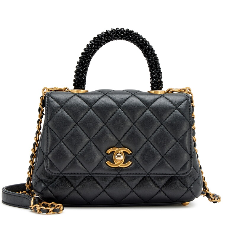 Black Quilted Lambskin Mini Coco Crystal Top Handle Flap Bag Aged Gold Hardware, 2021