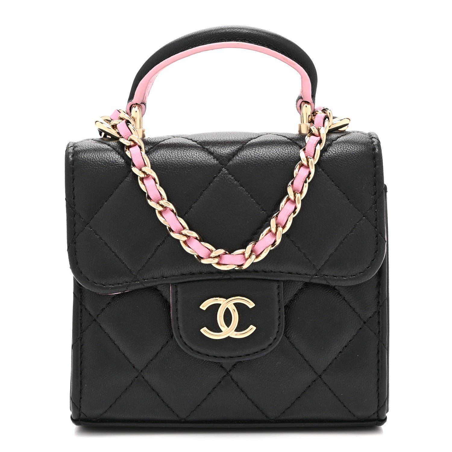 Chanel Lambskin Quilted Bi-Color Top Handle Clutch With Chain Black Pink