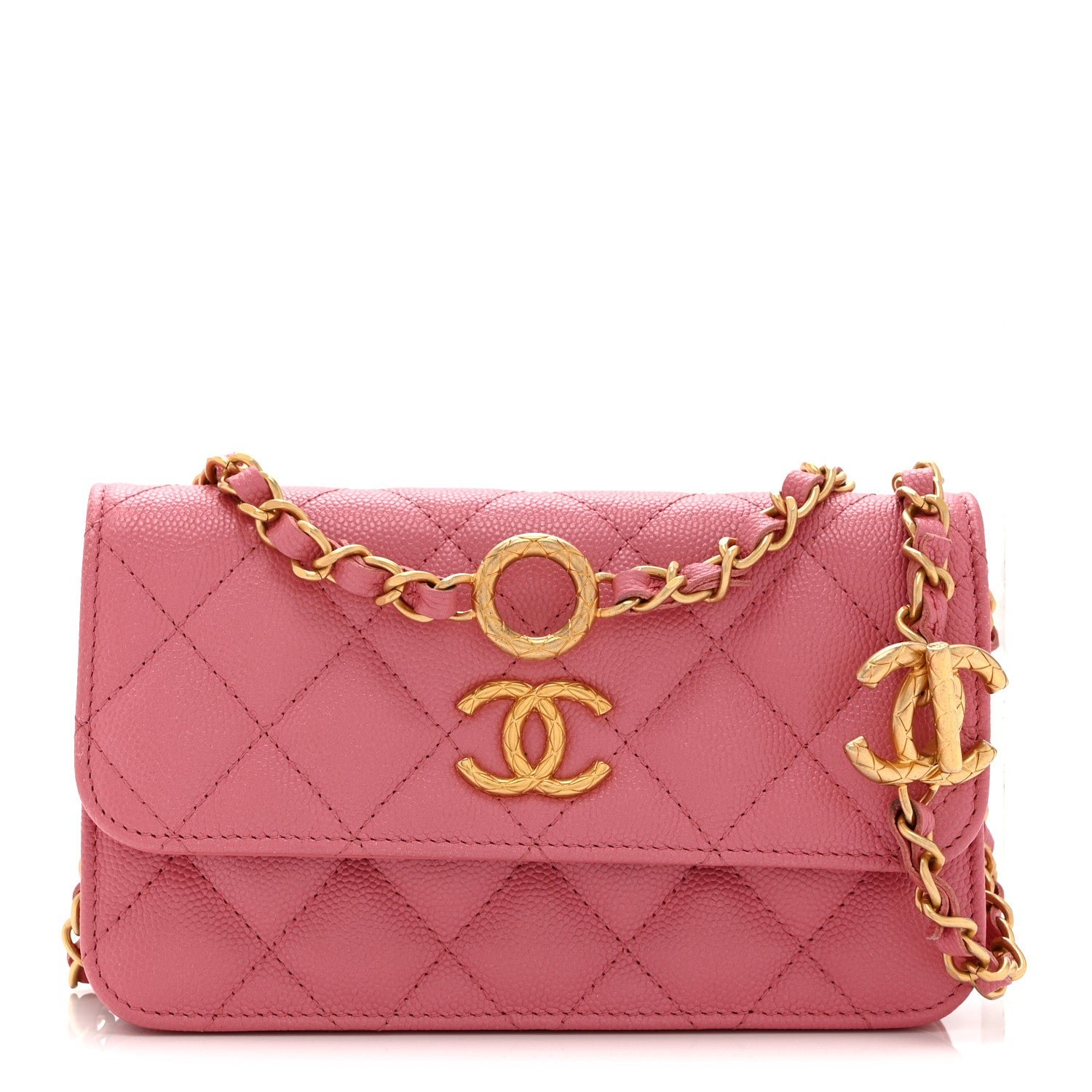 Chanel Caviar Quilted Dynasty Flap Phone Holder With Chain Pink
