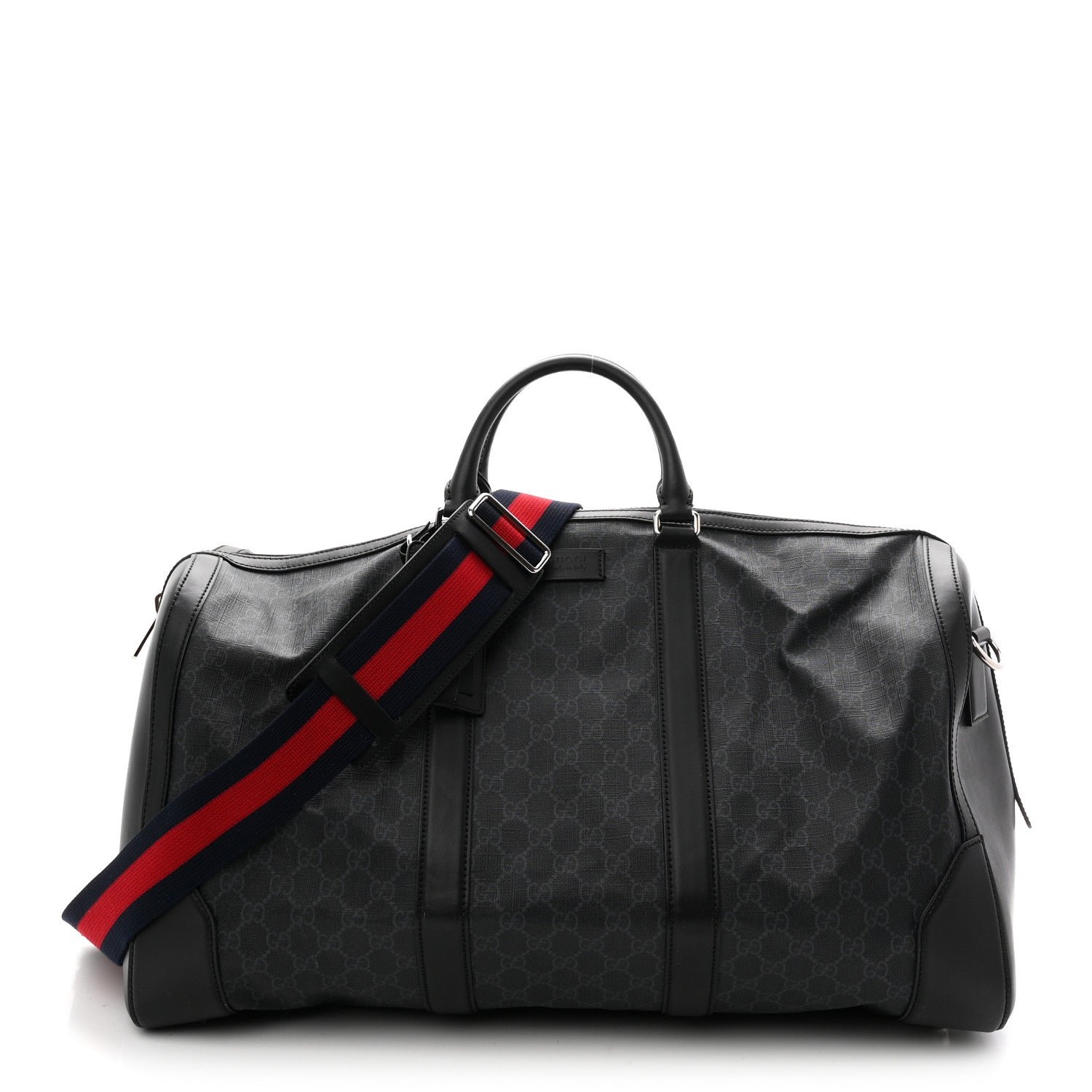 Gucci Soft GG Supreme Monogram Appia Calfskin Web Large Carry On Duffle Bag Black Grey