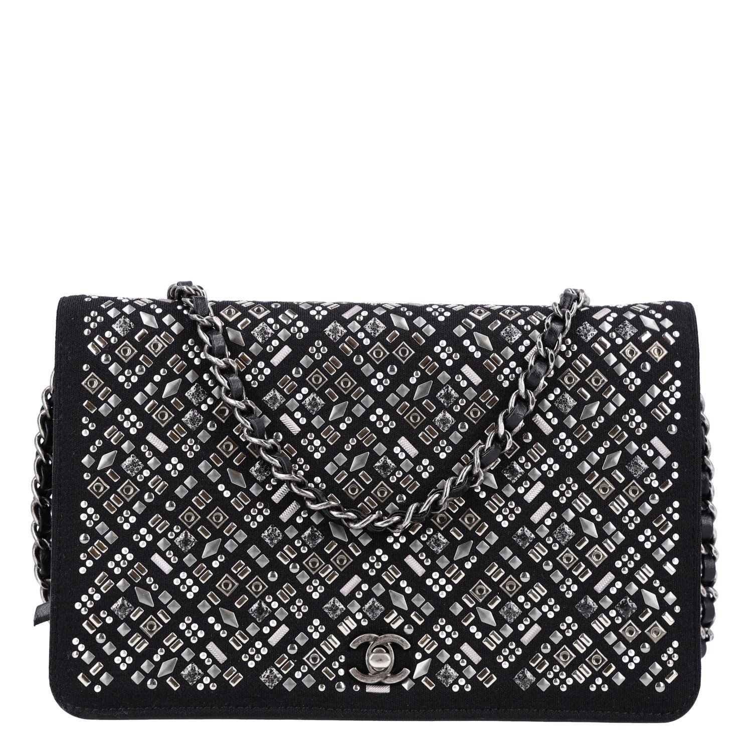 Chanel Lambskin Embellished Quilted Wallet On Chain WOC Black