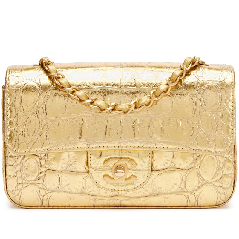 Metallic Gold Crocodile Embossed Calfskin Rectangular Mini Flap Aged Gold Hardware, 2019