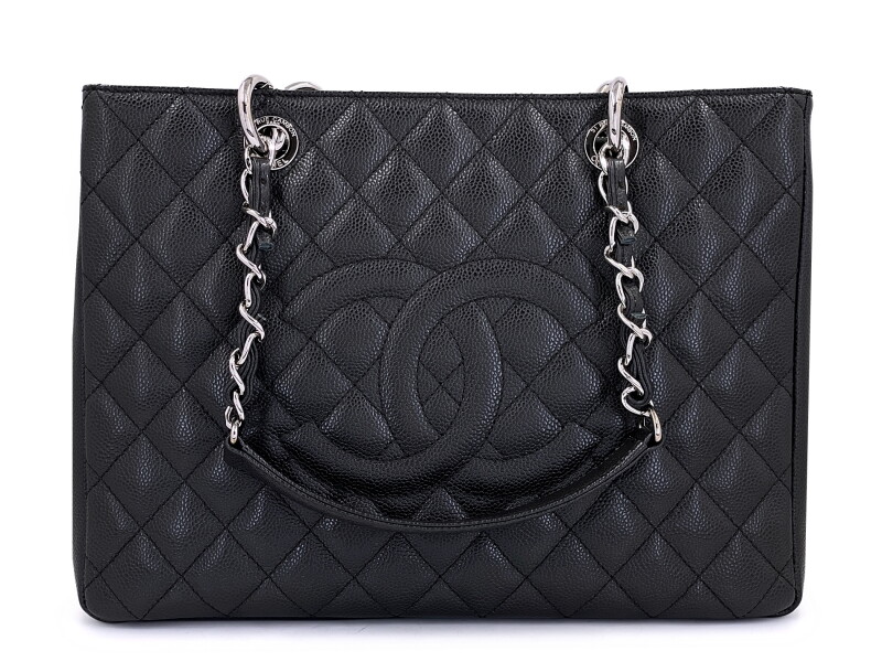 Black Quilted Caviar Timeless GST Grand Shopping Tote Silver Hardware, 2014