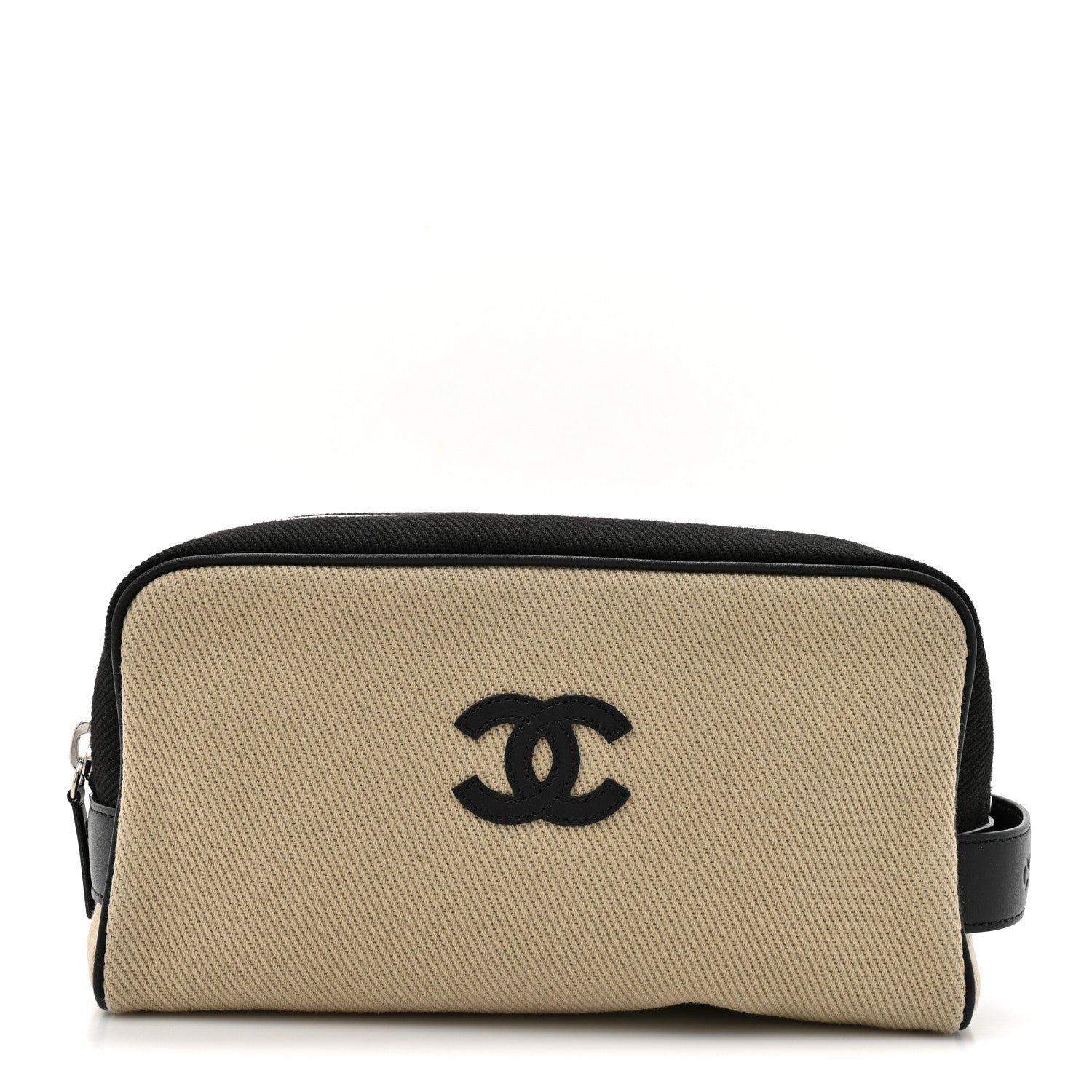 Chanel Canvas Calfskin Large Zippered Pouch Beige Black