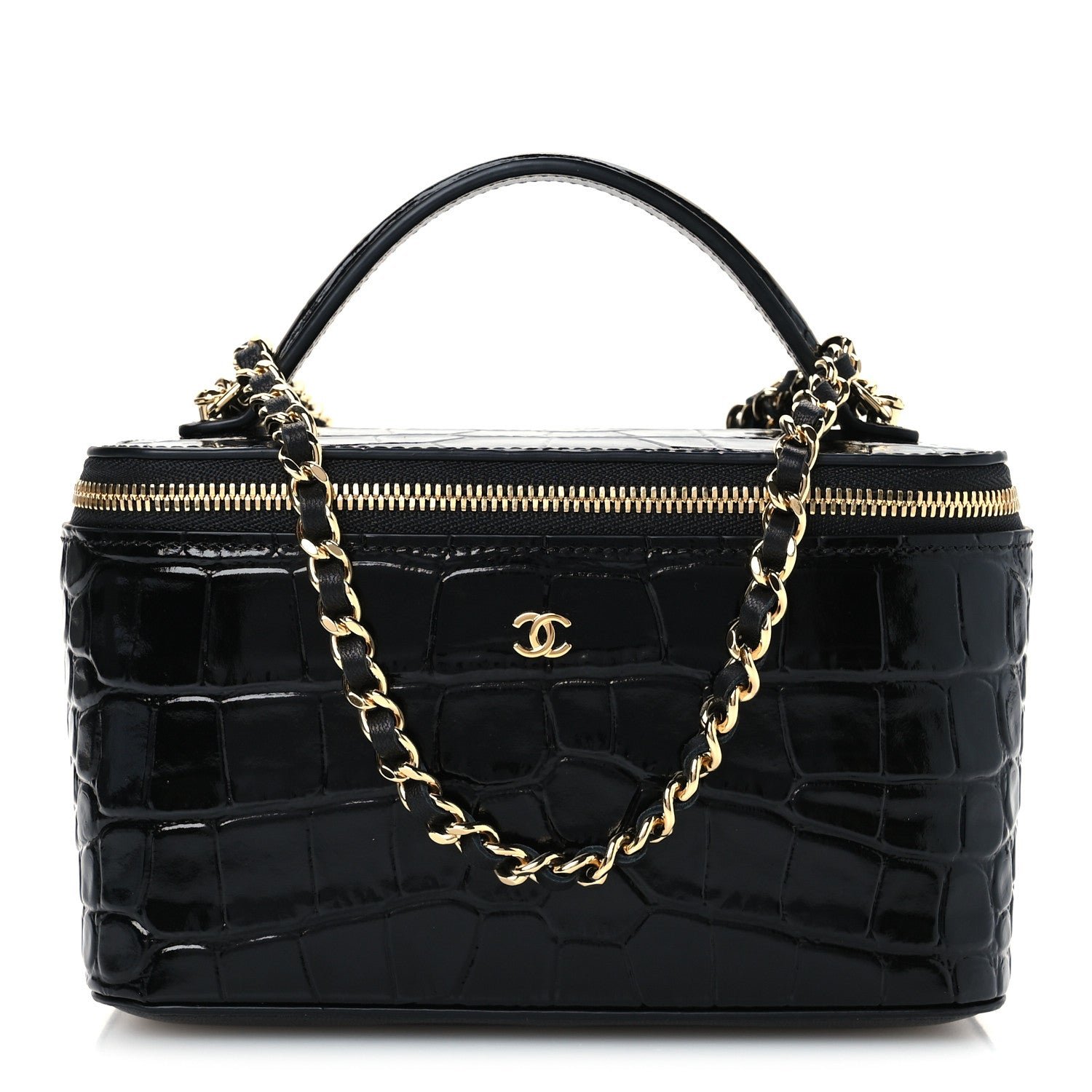 Chanel Calfskin Crocodile Embossed Exoticoco Small Top Handle Vanity Case With Chain Black