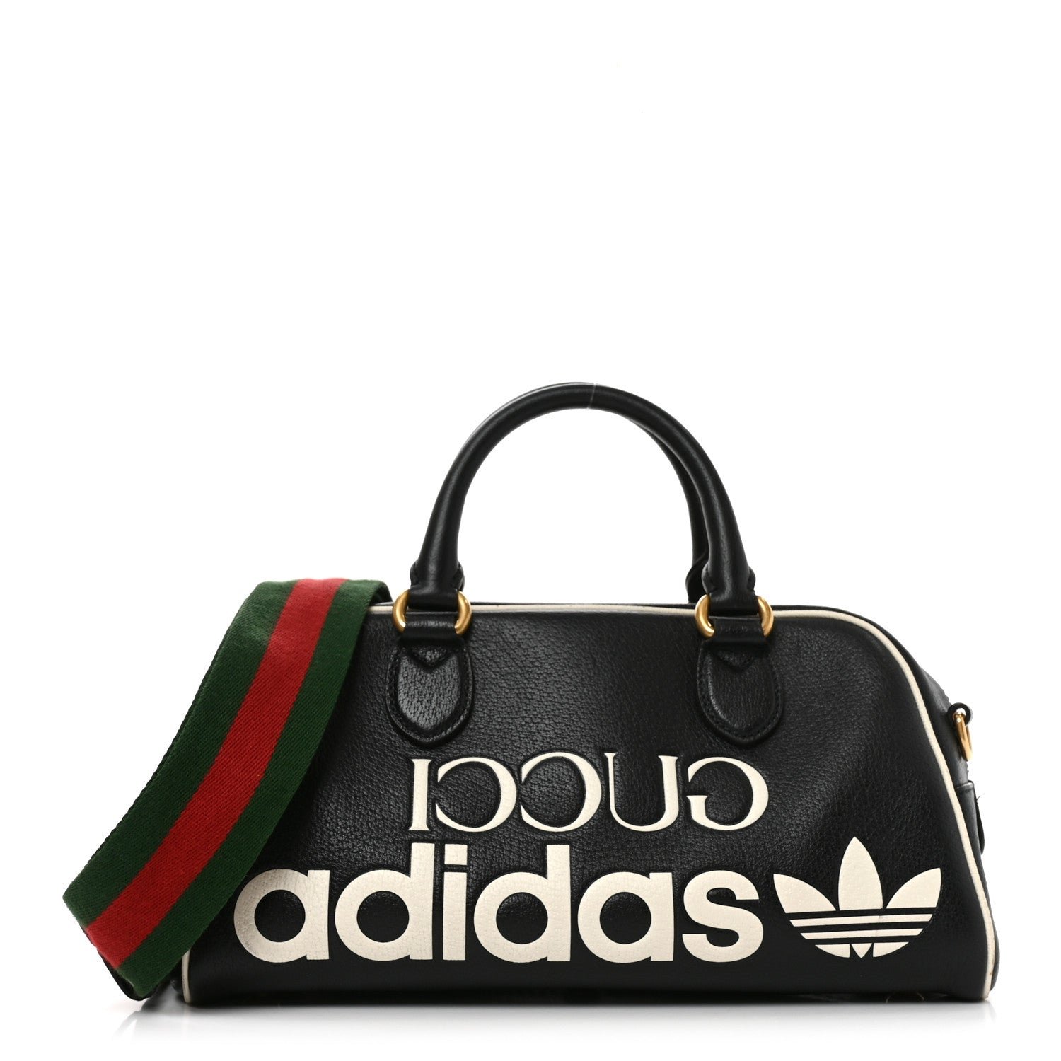 Gucci X ADIDAS Textured Dollar Calfskin Web Trefoil Logo Embossed Mini Bowling Bag Black Off White