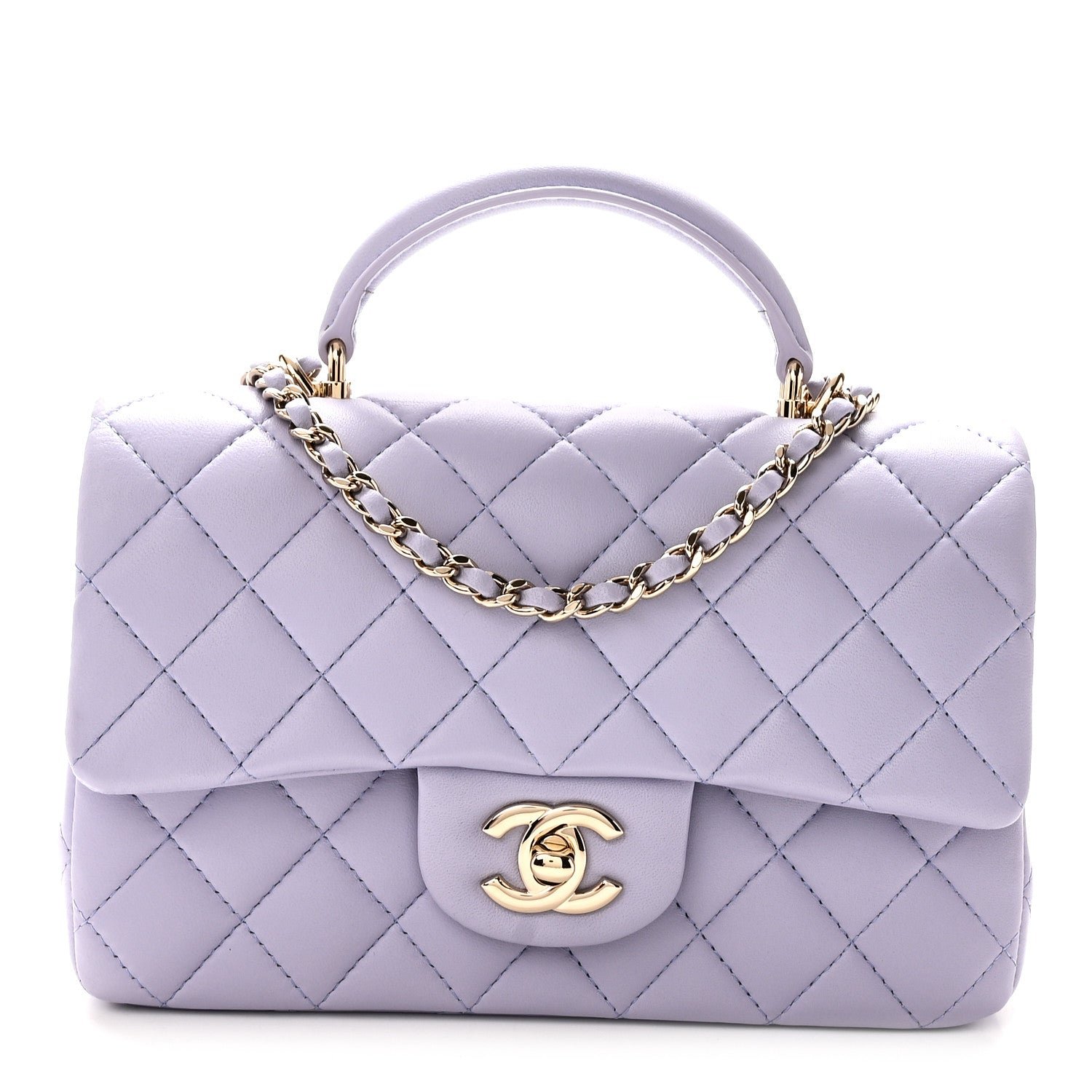 Chanel Lambskin Quilted Mini Top Handle Rectangular Flap Light Purple