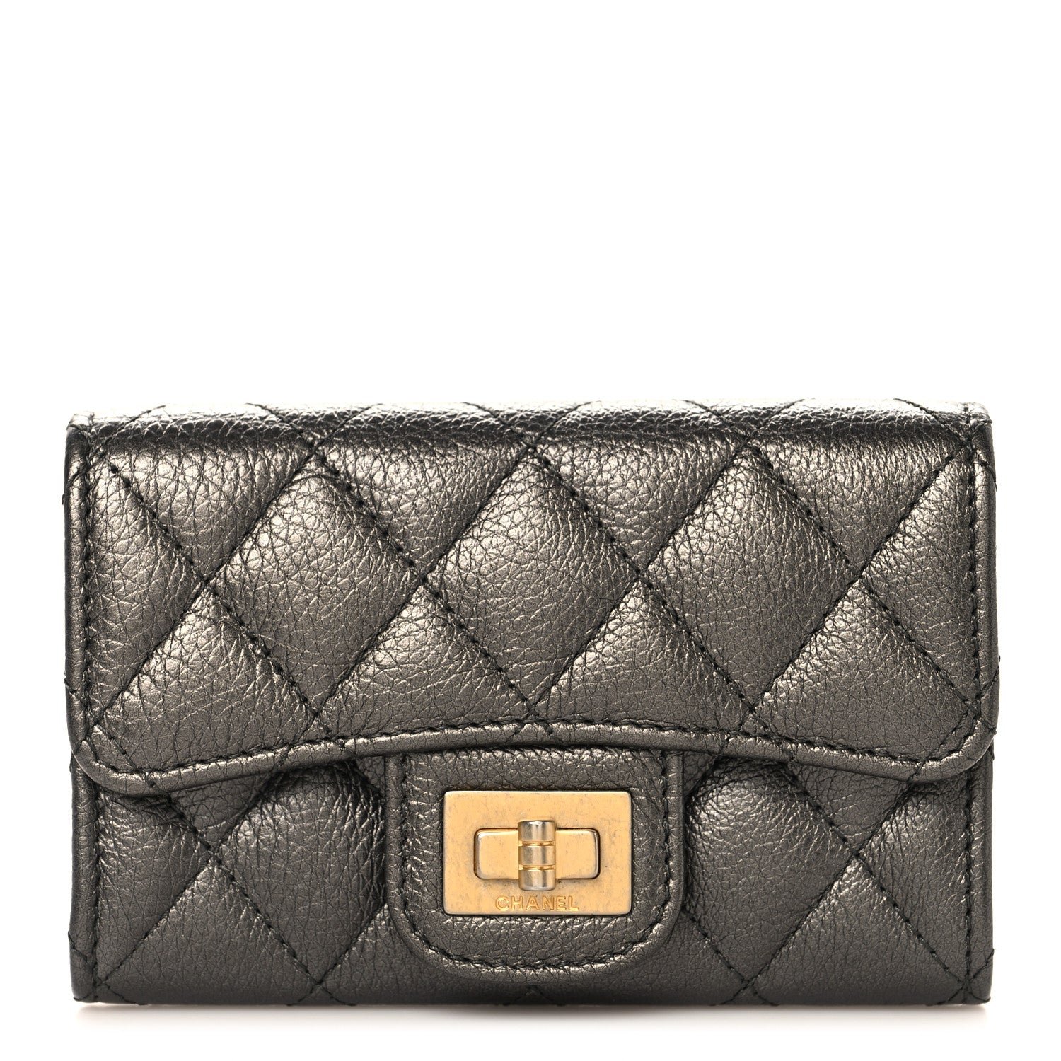 Chanel Metallic Calfskin Quilted Reissue Flap Card Holder Charcoal