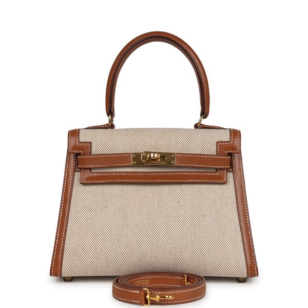 Hermes Vintage Hermes Kelly Sellier 20 Gold Courchevel and Ecru-Beige Toile H Canvas Gold Hardware