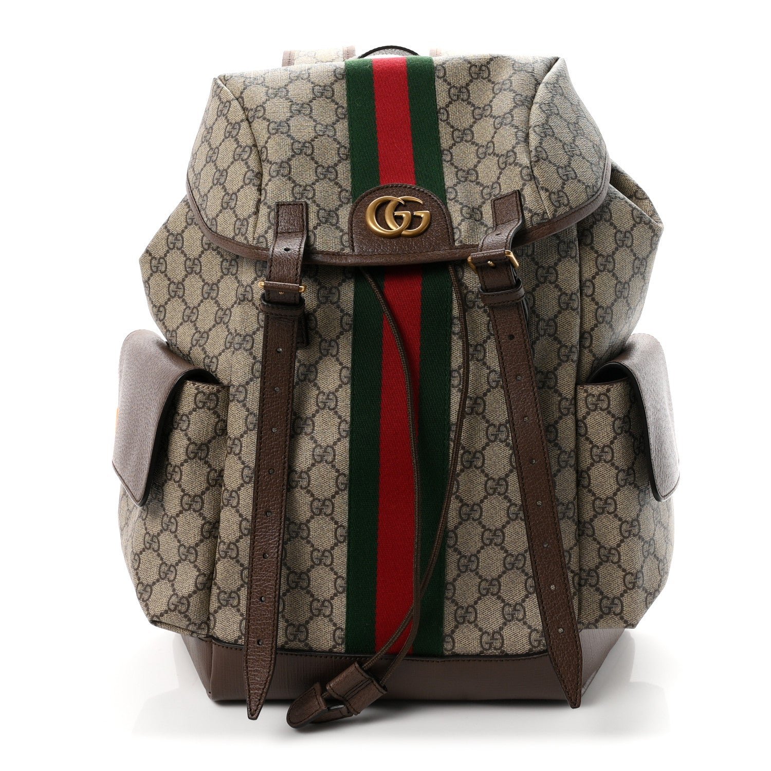 Gucci GG Supreme Monogram Medium Ophidia Double Buckle Backpack Brown