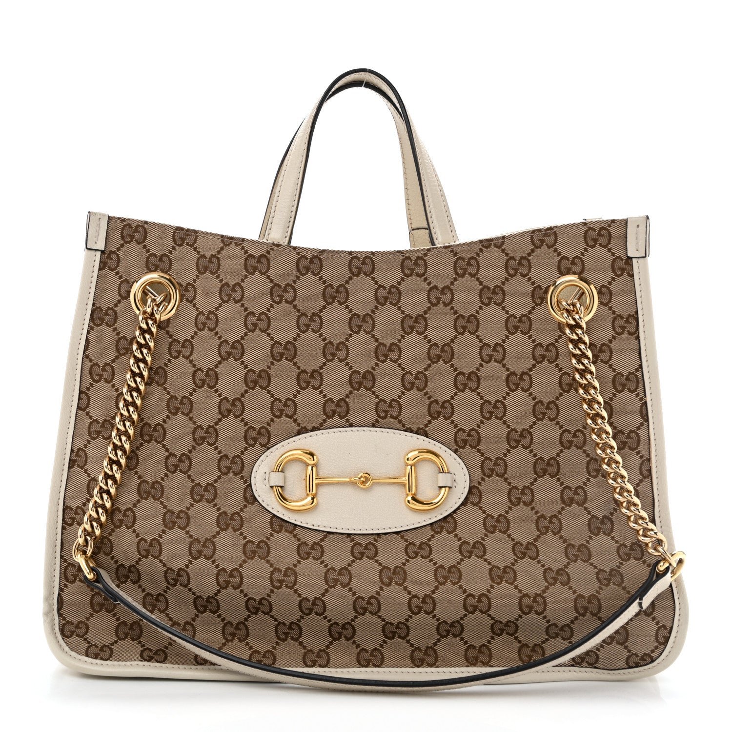 Gucci Monogram Calfskin Medium Horsebit 1955 Tote Bag Beige Mystic White