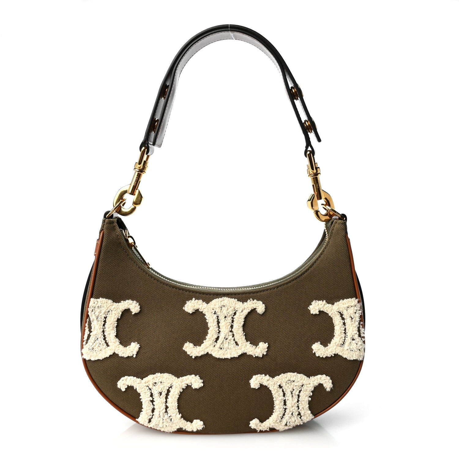 Celine Cotton Gabardine Bouclette Embroidered Medium Strap Ava Triomphe Shoulder Bag Khaki Tan
