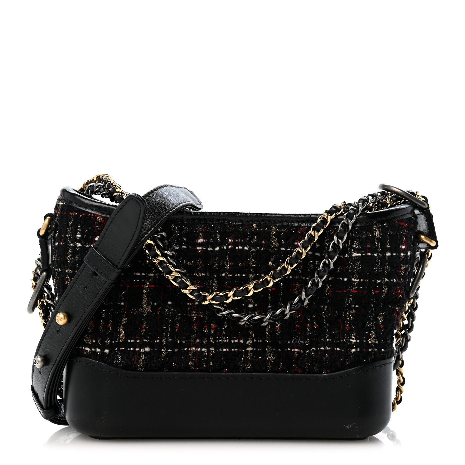 Chanel Tweed Calfskin Quilted Small Gabrielle Hobo Black Gold
