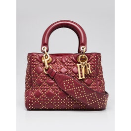Dior Christian Dior Dark Red Suppled Leather Studded Medium Lady Dior Bag