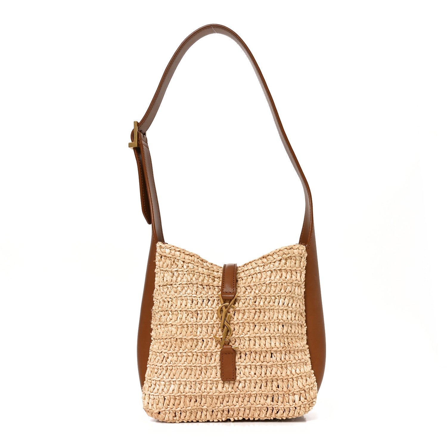 Saint Laurent Raffia Calfskin Le 5 A 7 Baby Hobo Natural Brick