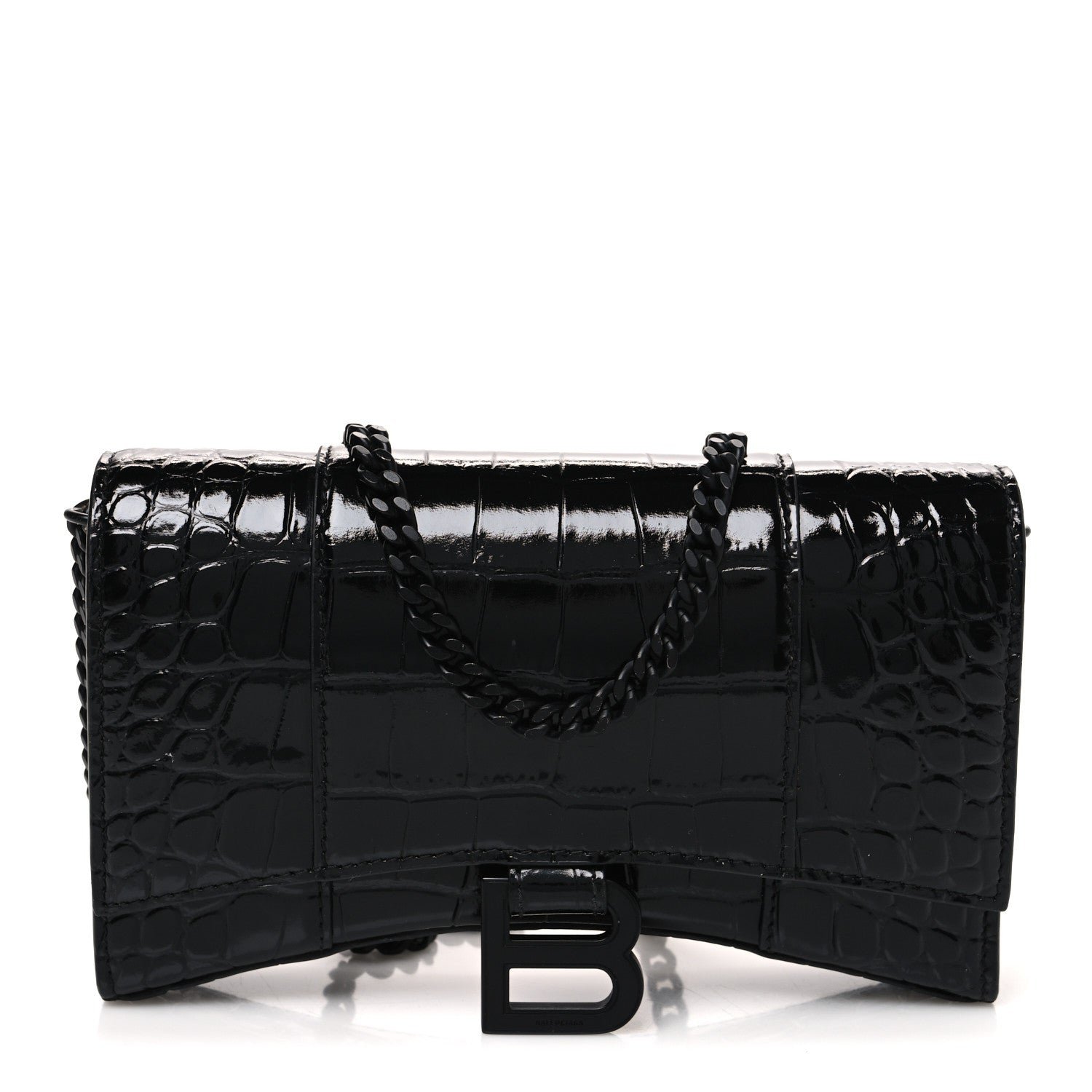Balenciaga Shiny Calfskin Monochrome Crocodile Embossed Hourglass Chain Bag Black