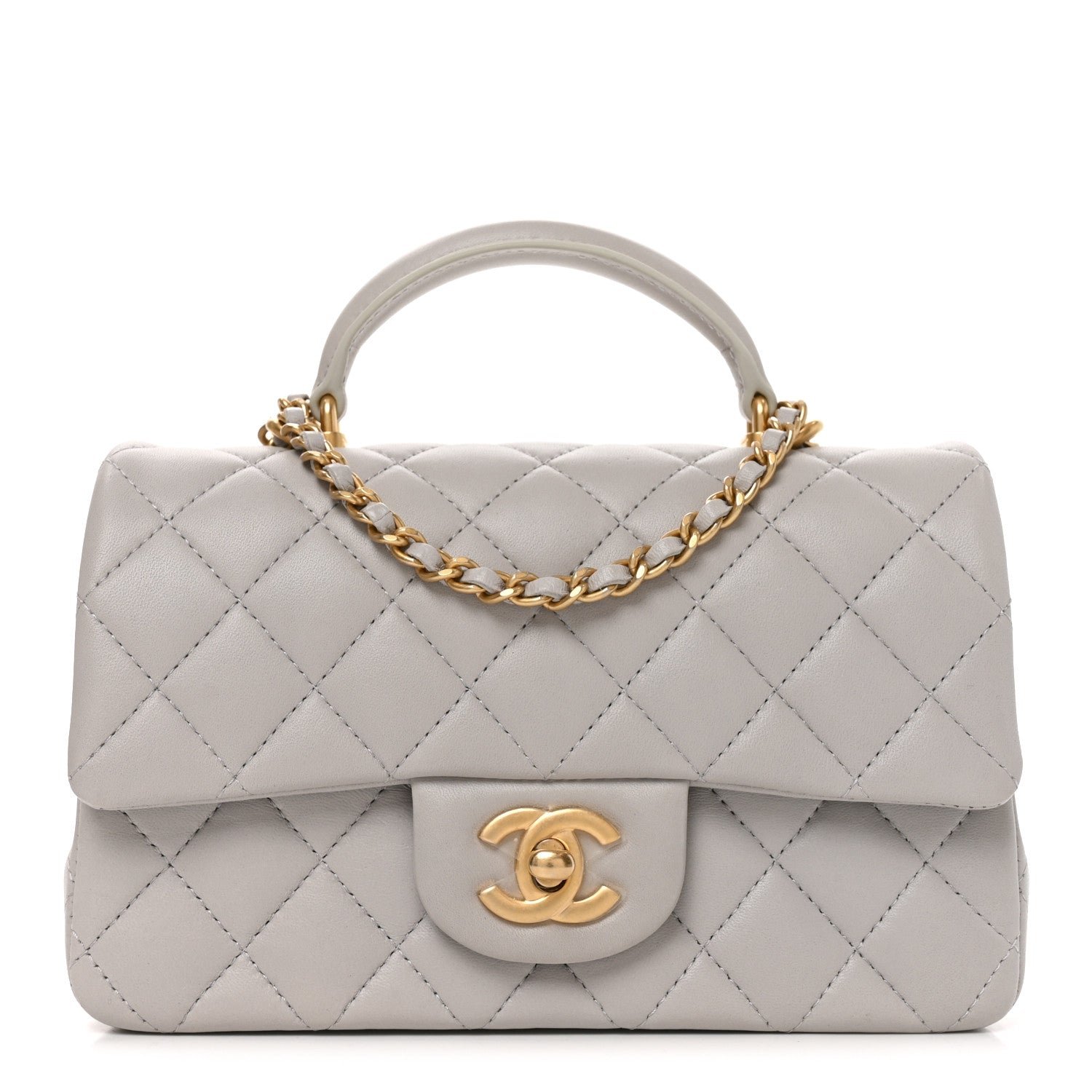 Chanel Lambskin Quilted Mini Top Handle Rectangular Flap Grey