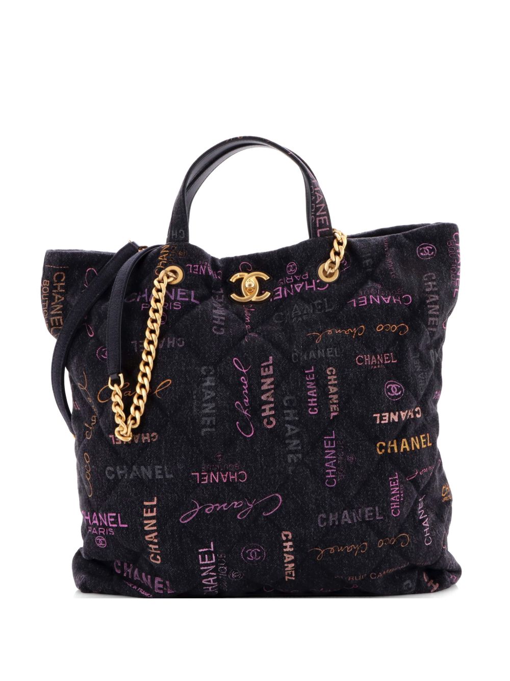 Denim Mood Shopping Logo Printed Quilted Denim Maxi tote bag