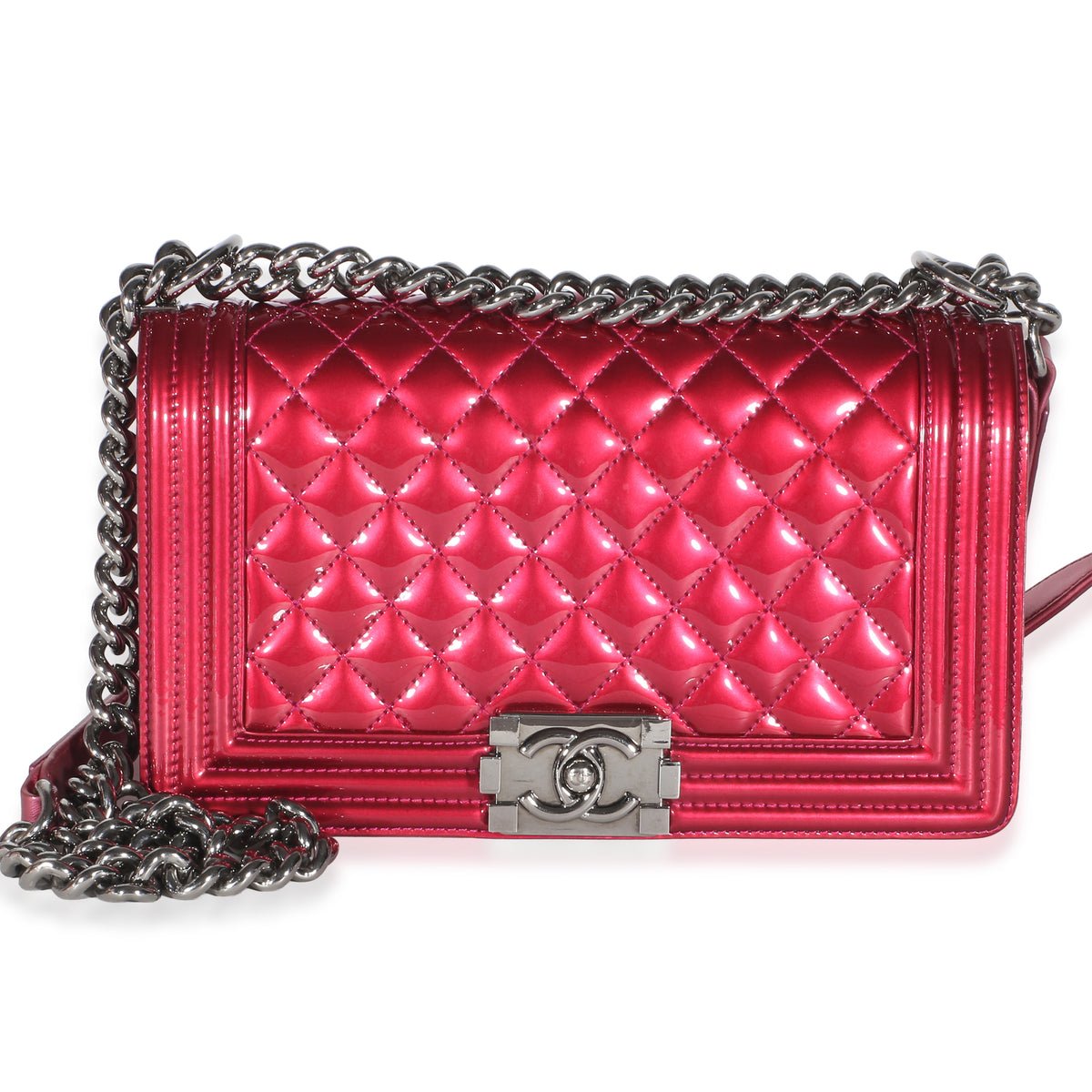 Pink Quilted Metallic Patent Old Medium Boy Bag