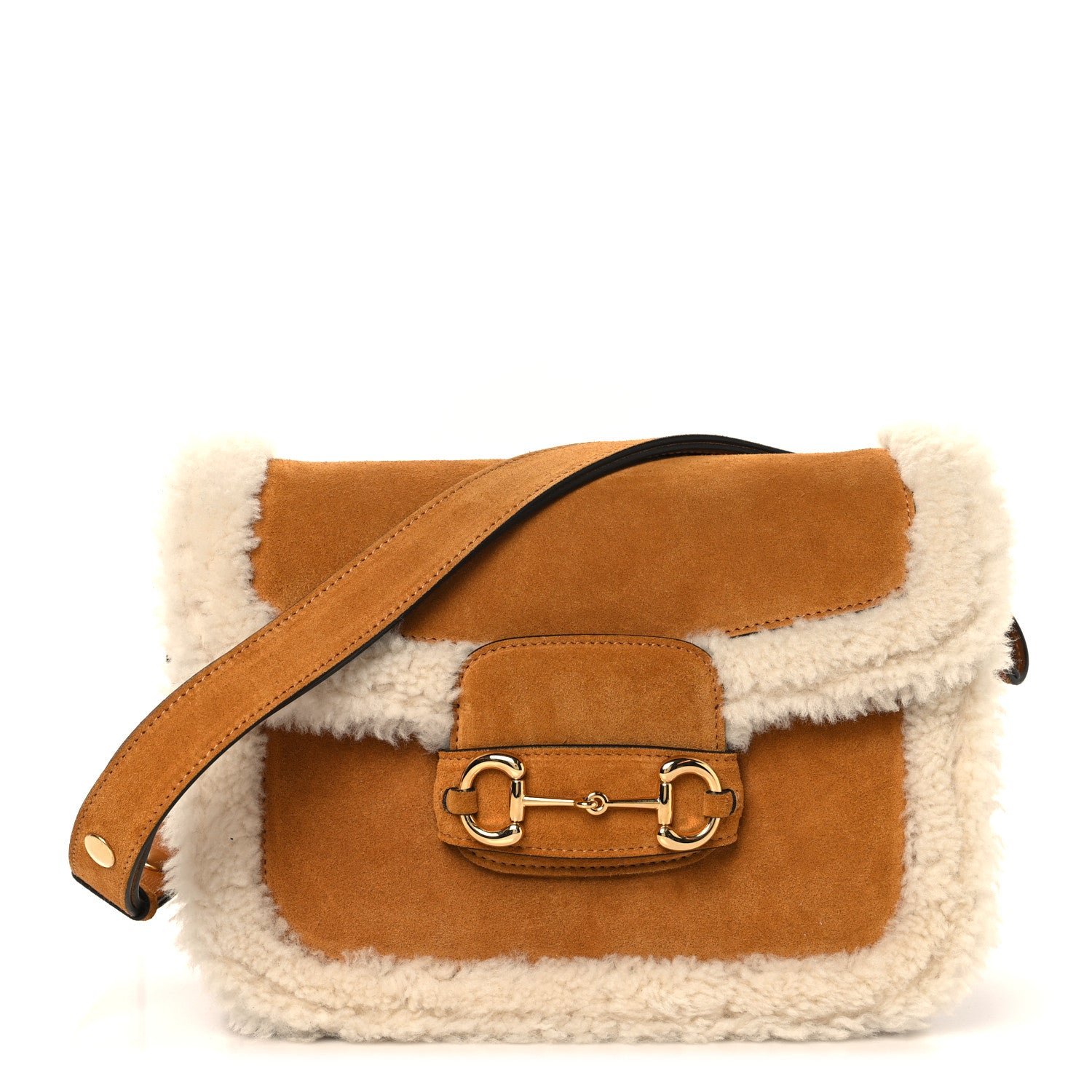 Gucci Gucci Suede Shearling Horsebit 1955 Shoulder Bag Brown