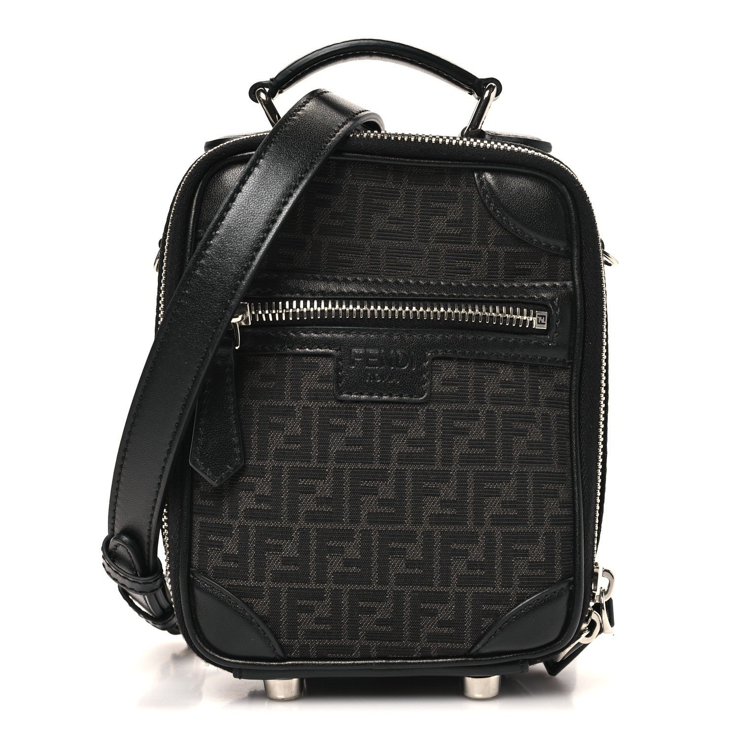 Fendi Recycled Fabric Jacquard Vitello Astro Micro FF Mini Trolley Bag Asfalto Black