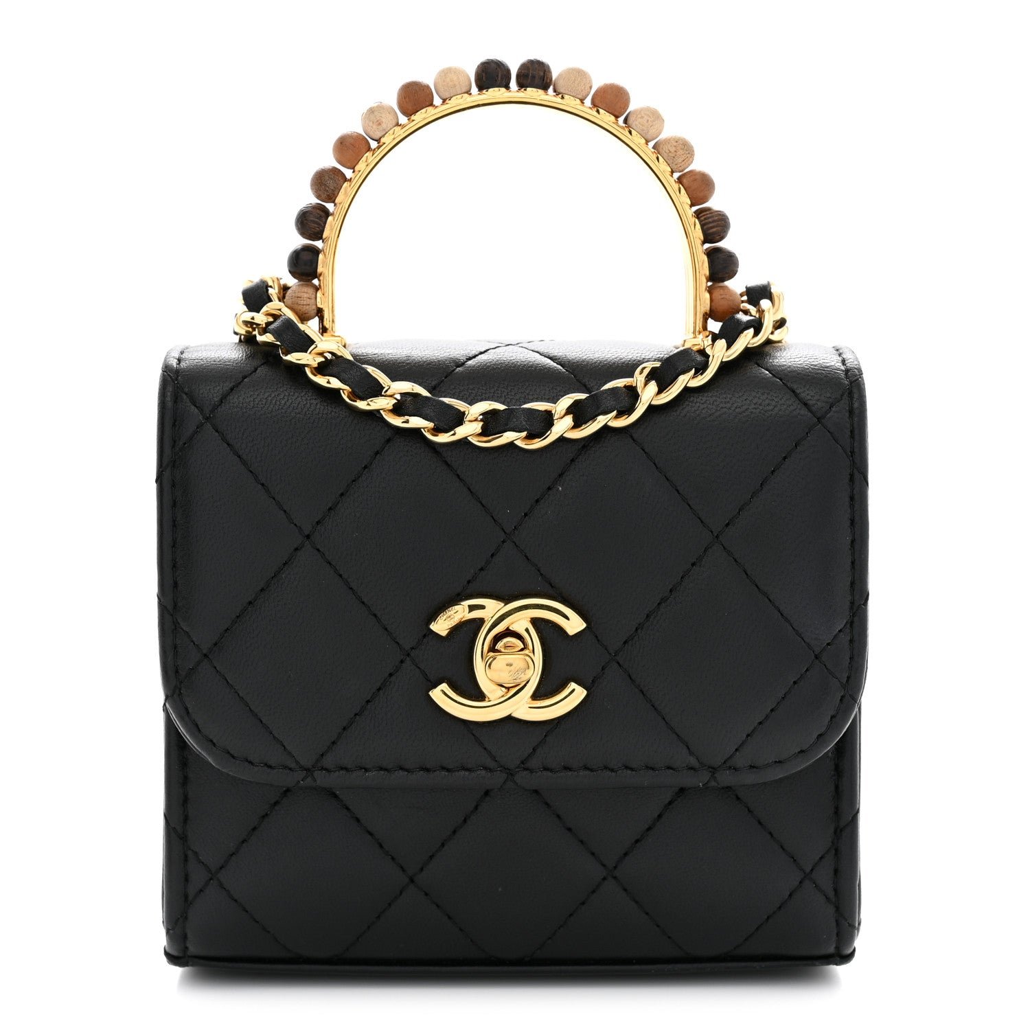 Chanel Shiny Nappa Quilted Nano Metal Wood Top Handle Flap Black