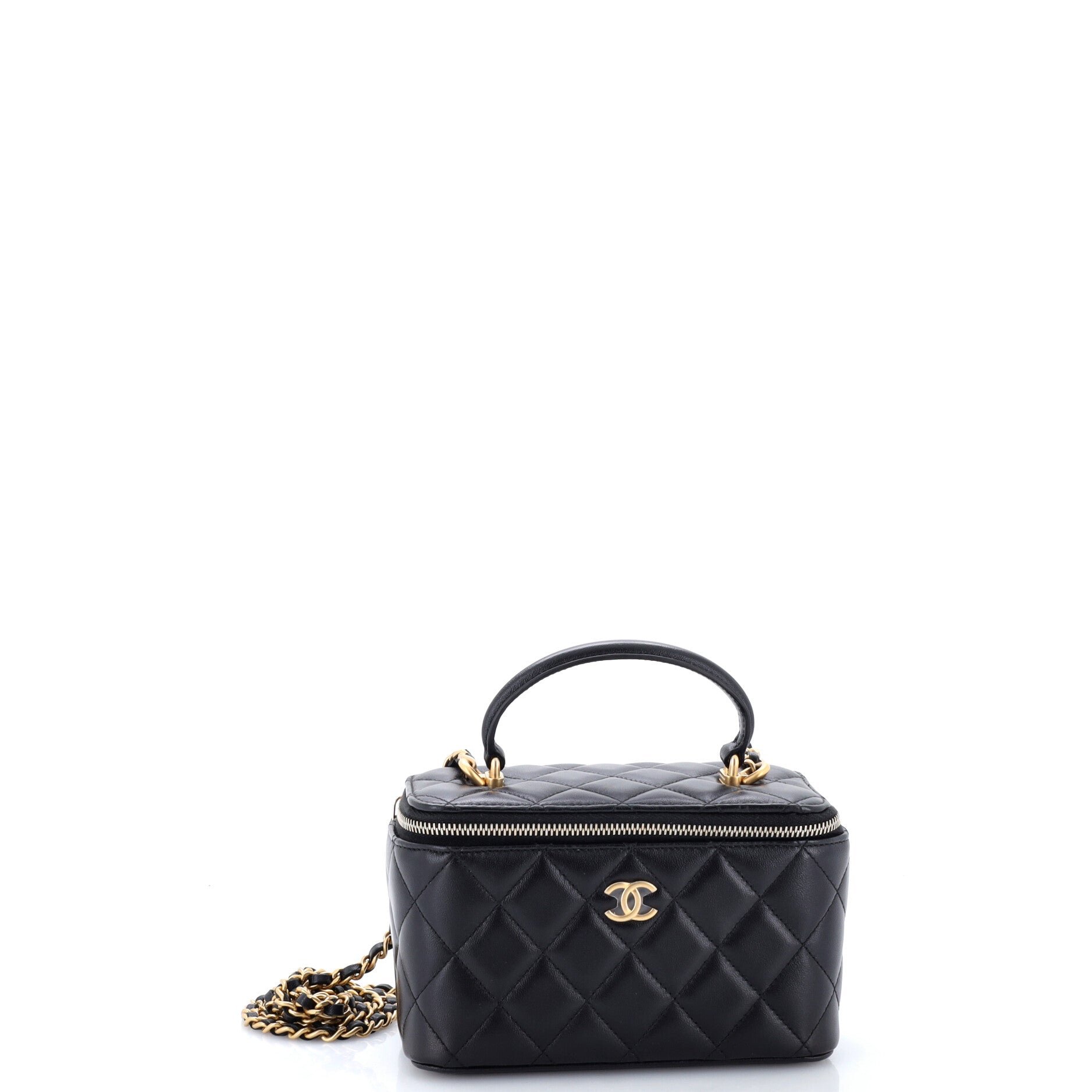 Classic Top Handle Vanity Case with Chain Quilted Lambskin Small