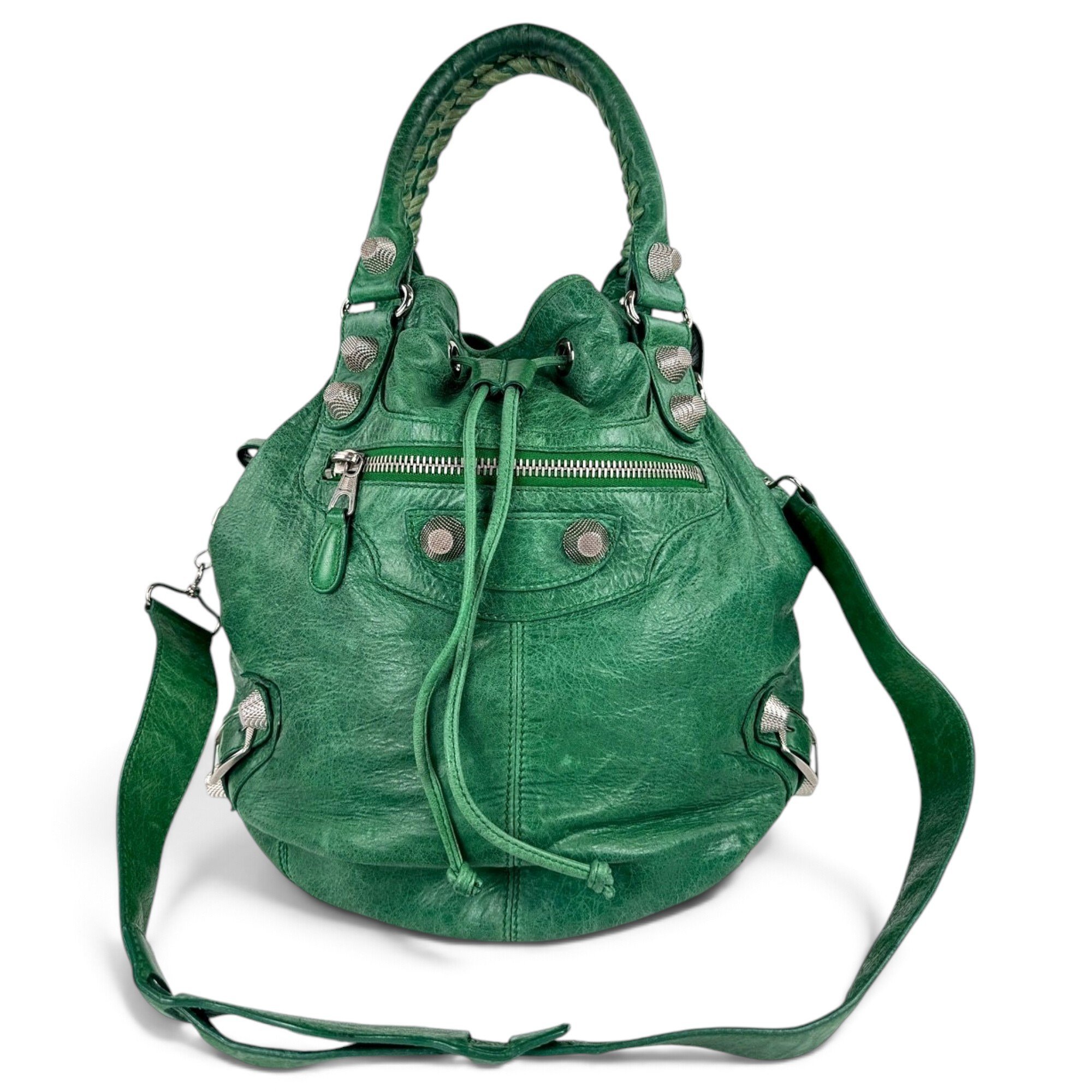 Pompon leather handbag