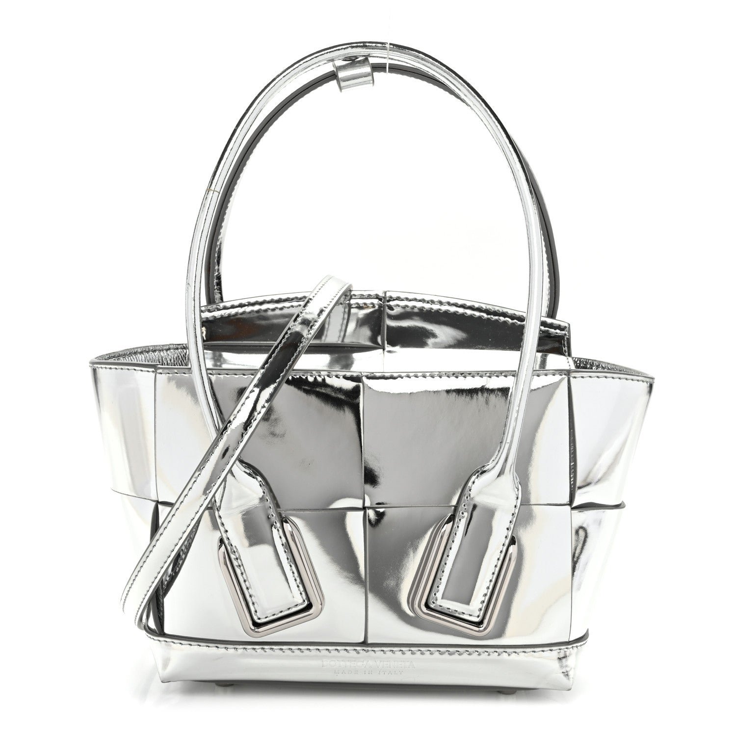 Bottega Veneta Mirror Laminated Nappa Maxi Intrecciato Mini Arco  Silver