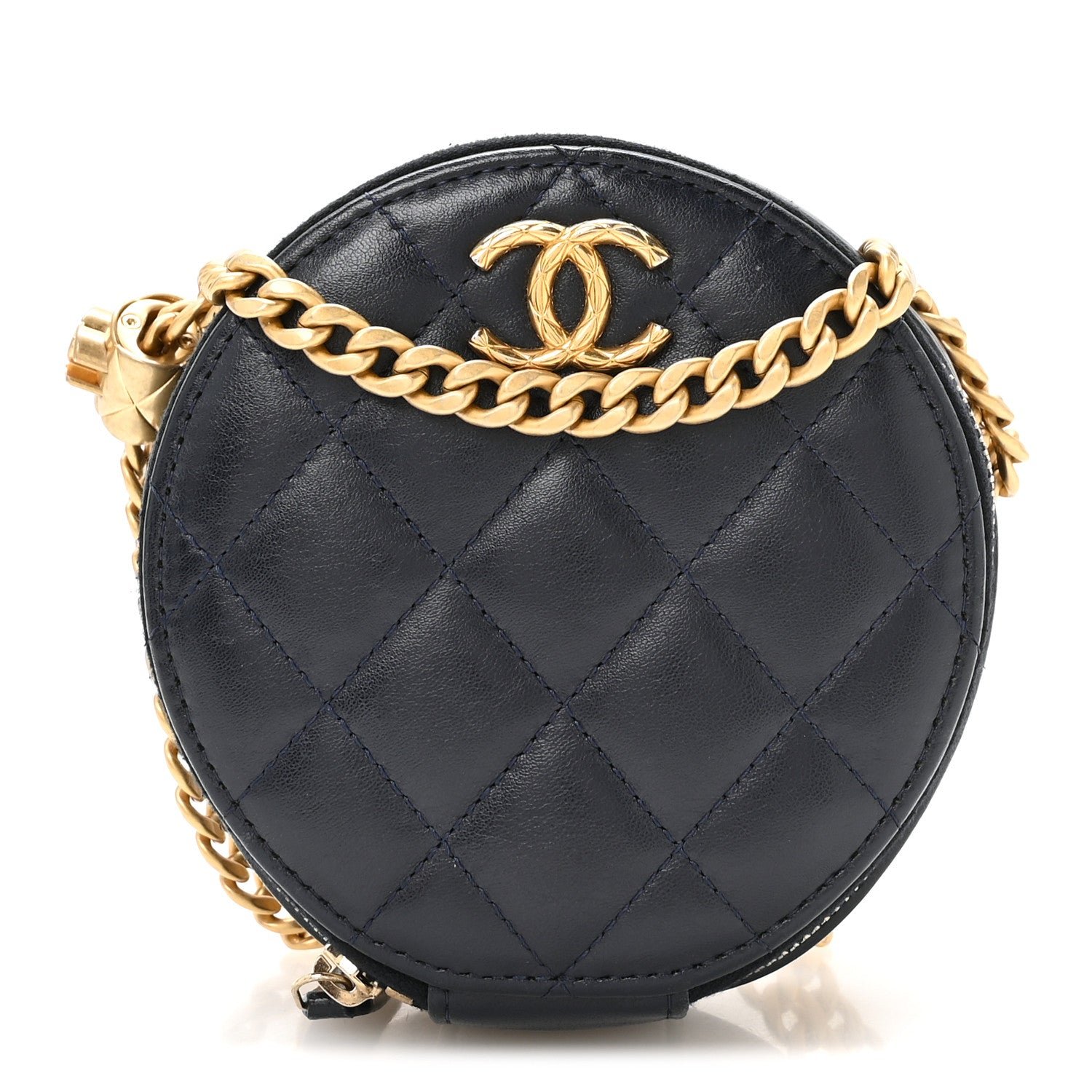 Chanel Lambskin Quilted Pillow Crush Round Clutch With Chain Navy Blue