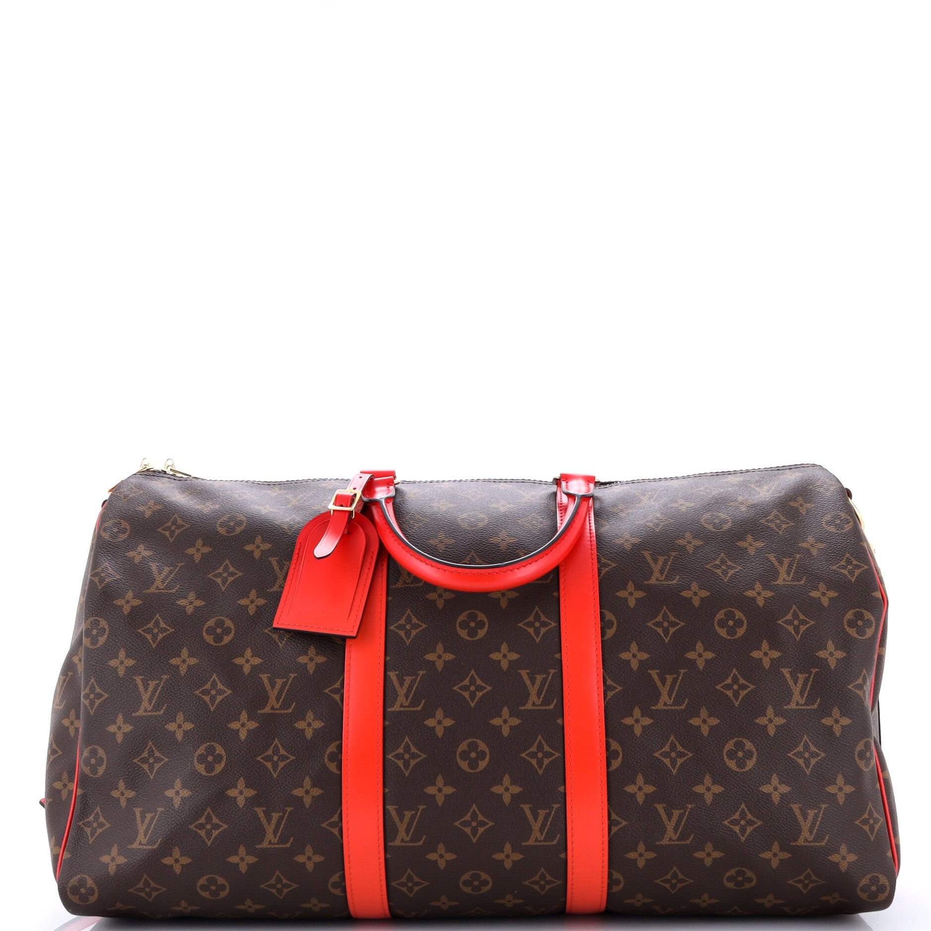 Keepall Bandouliere Bag Monogram Canvas with Coquelicot Leather Trim 50