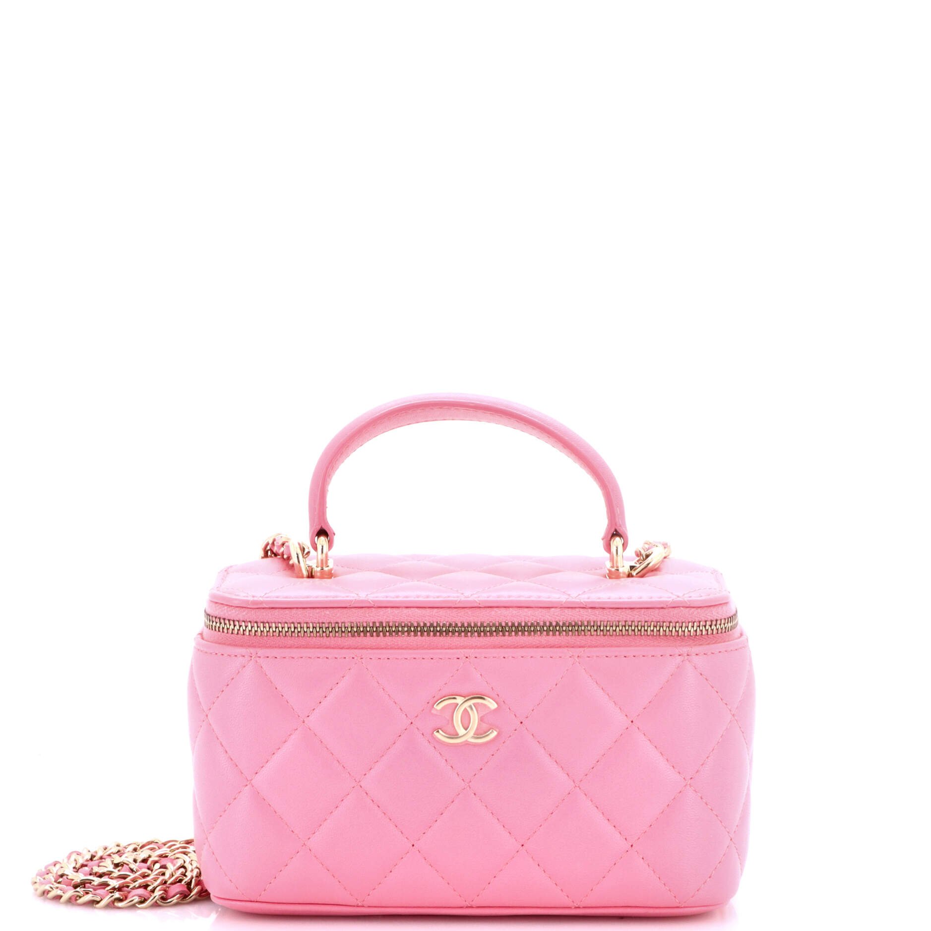 Classic Top Handle Vanity Case with Chain Quilted Lambskin Small