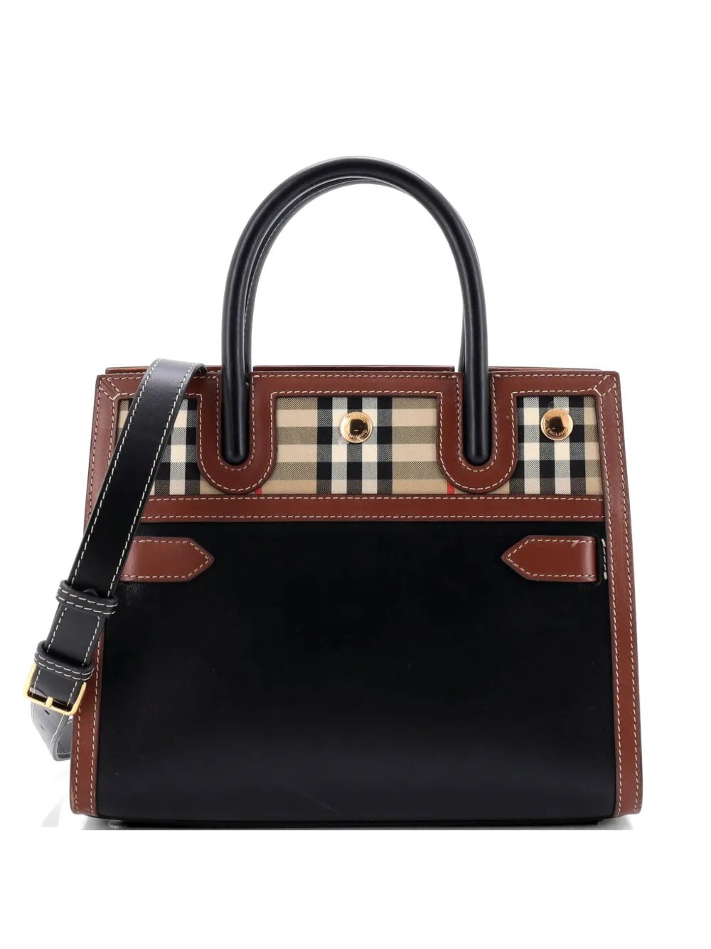 Title Two Handle Tote Leather with Vintage Check Canvas Mini satchel