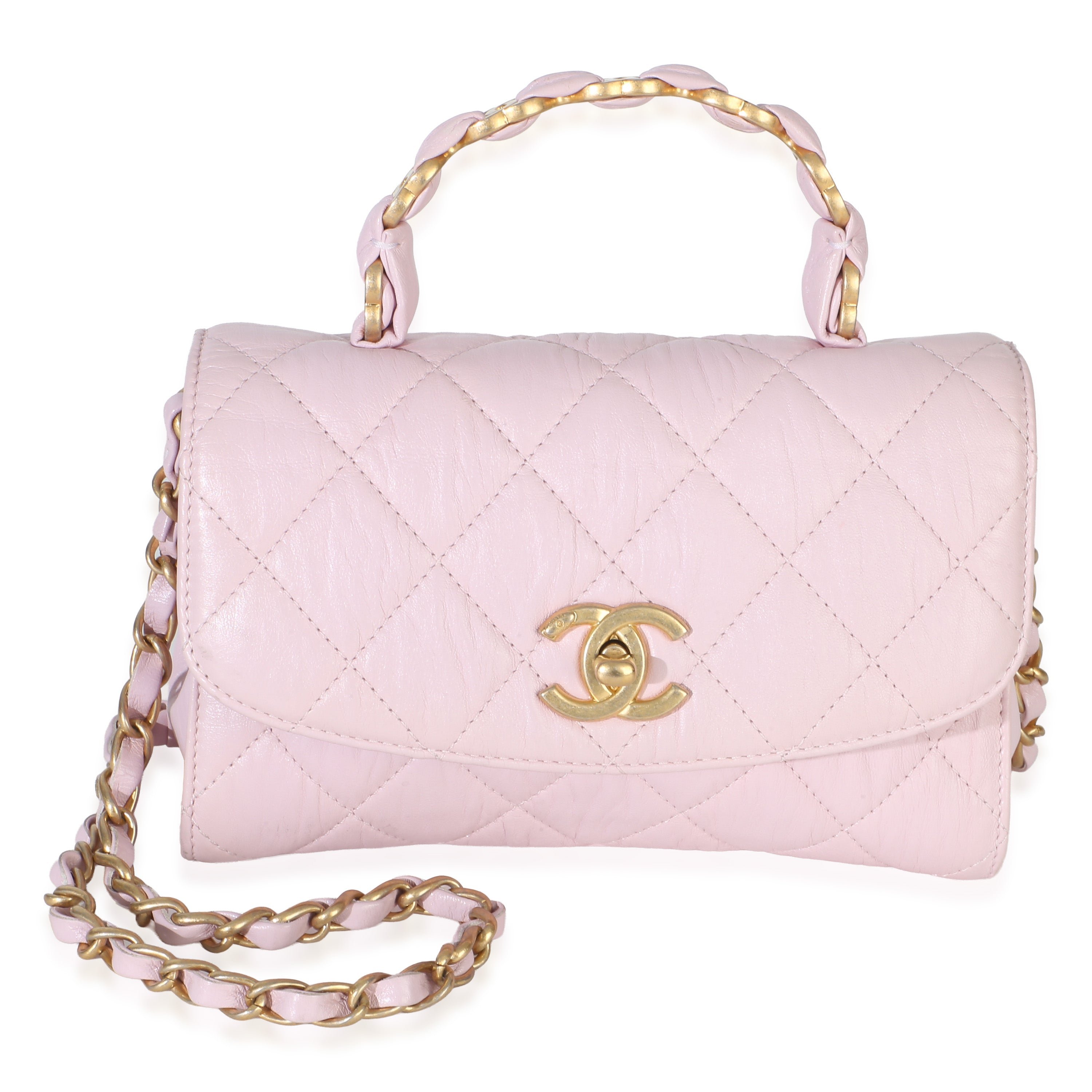 Light Pink Quilted Crumpled Lambskin Mini CC Links Top Handle Flap Bag