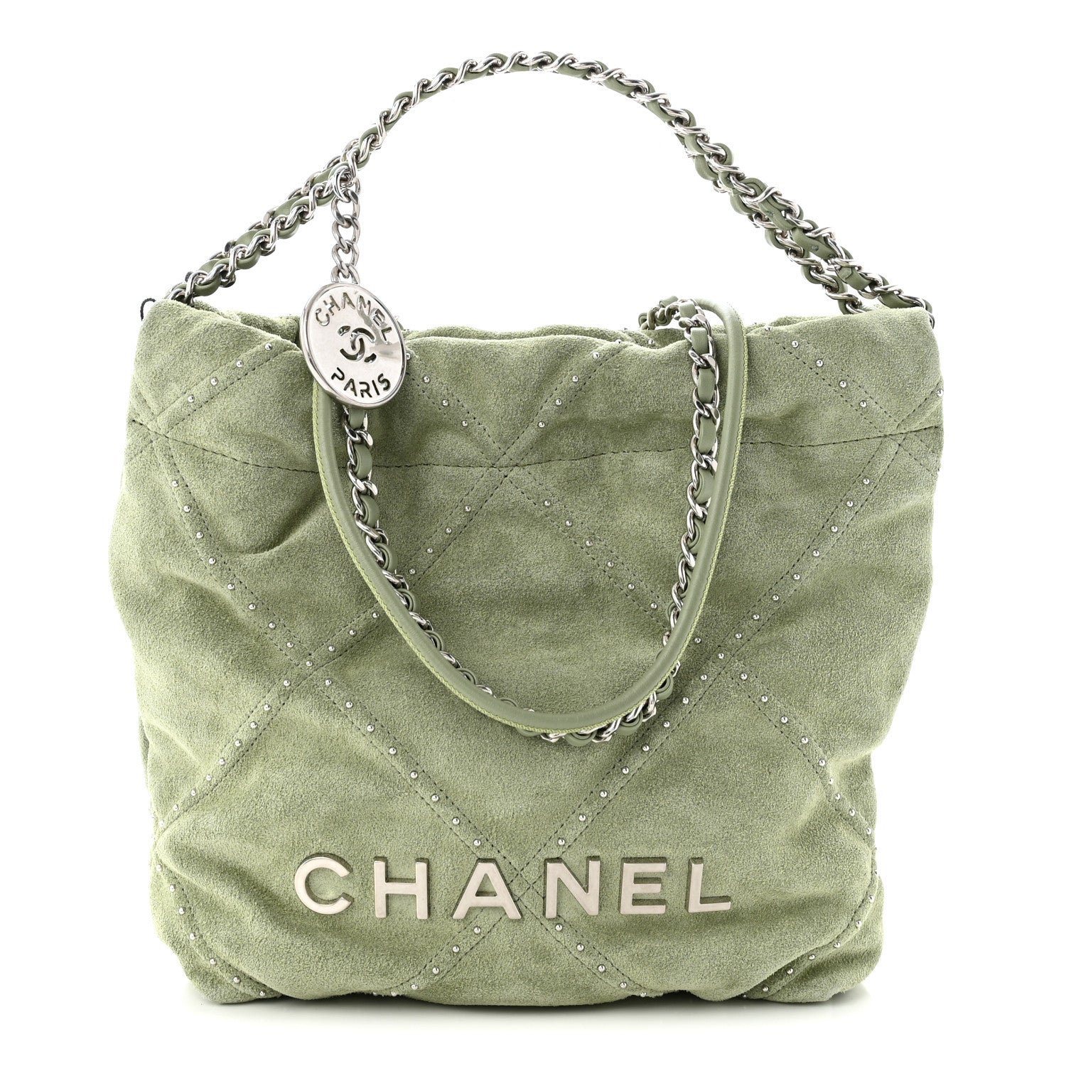 Chanel Suede Stitched Quilted Studded Mini Chanel 22 Light Green