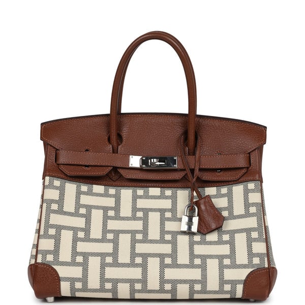 Hermes Pre-owned Hermes Birkin 30 Marron D'Inde Buffalo and Mosaique Canvas Palladium Hardware