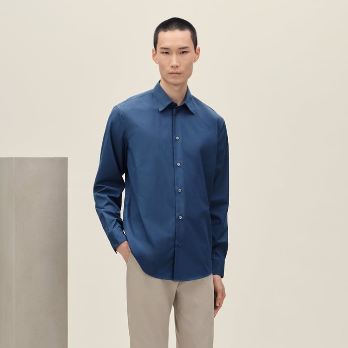Indigo Straight Cut Shirt With Leather Detail