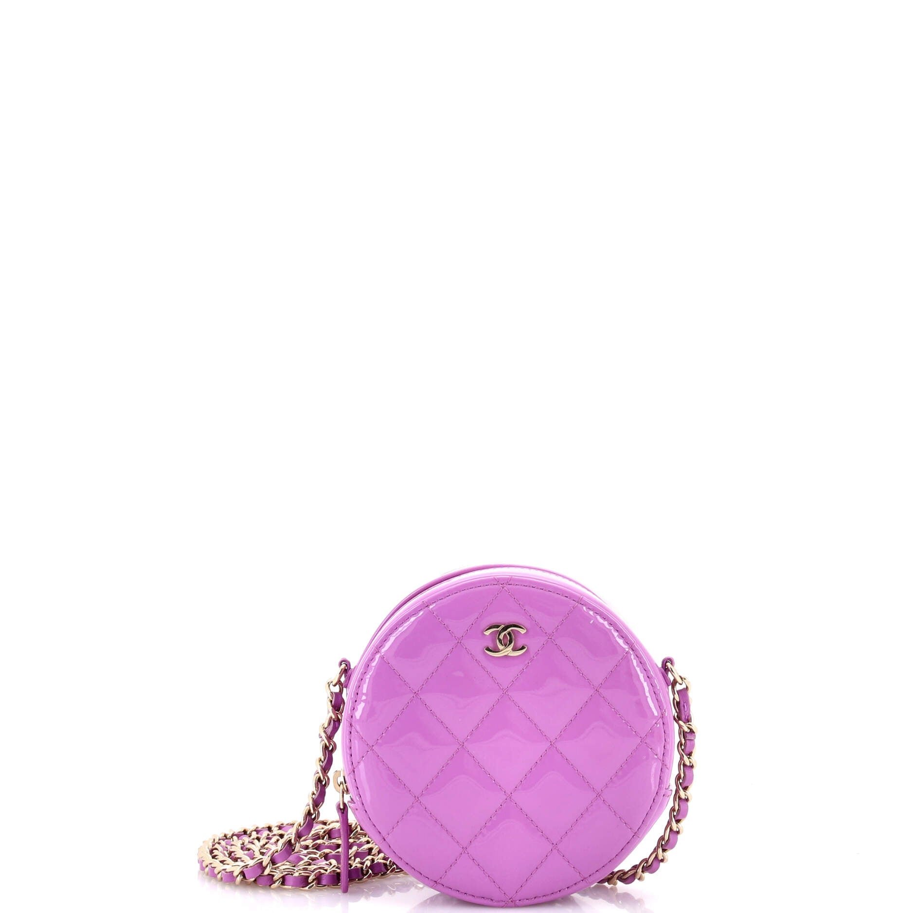 Round Clutch with Chain Quilted Patent Mini