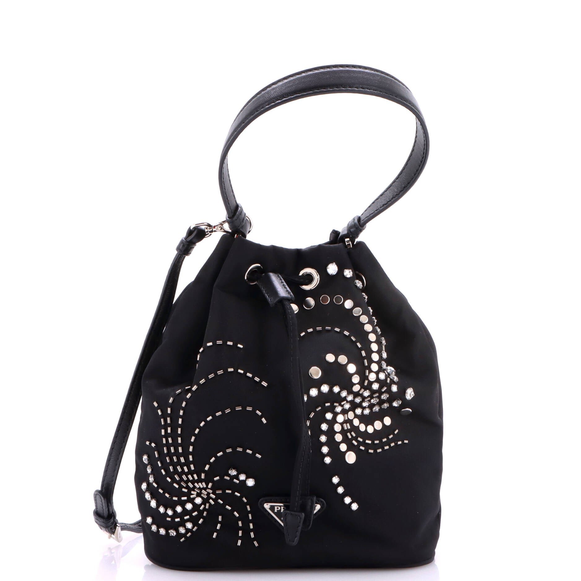 Top Handle Bucket Bag Bead Embellished Re-Nylon Mini