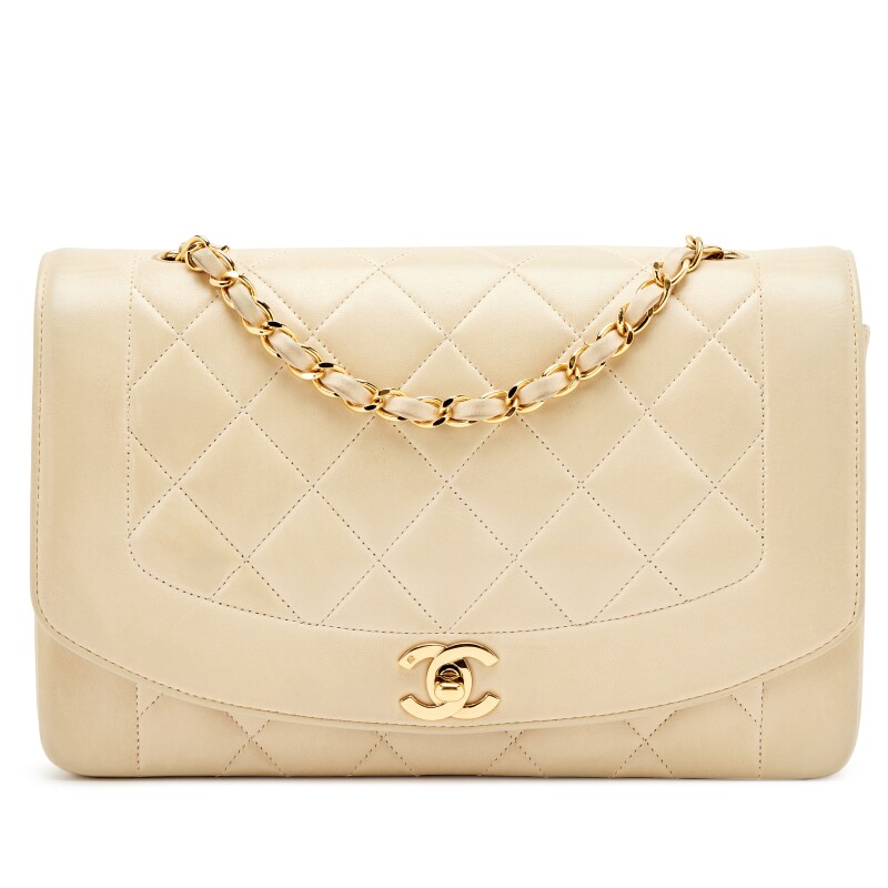Vintage Light Beige Quilted Lambskin Medium Diana Flap Bag Gold Hardware, 1991-1994