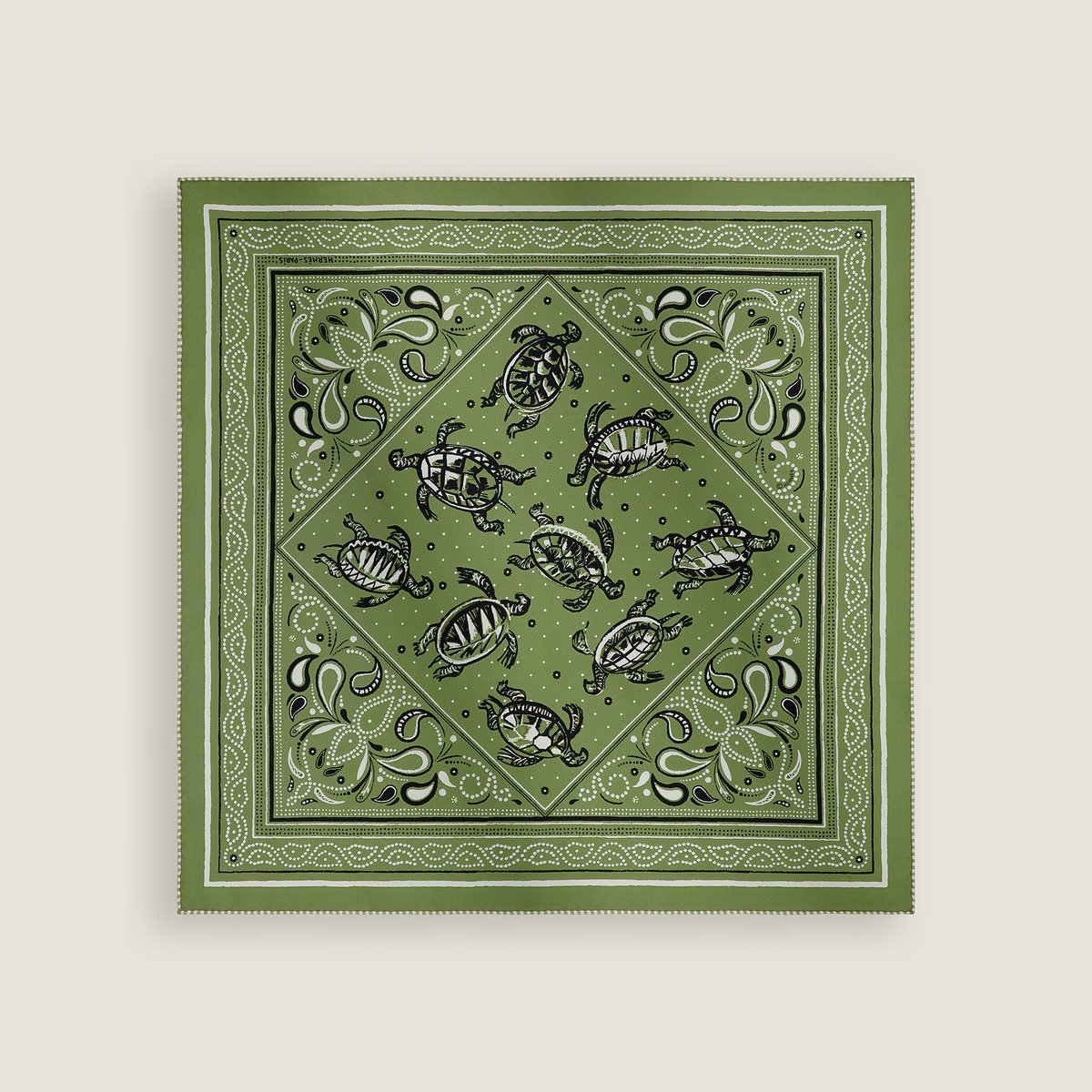Hermès Les Tortues bandana 55 Vert Olive/Noir/Blanc | BagUSeek