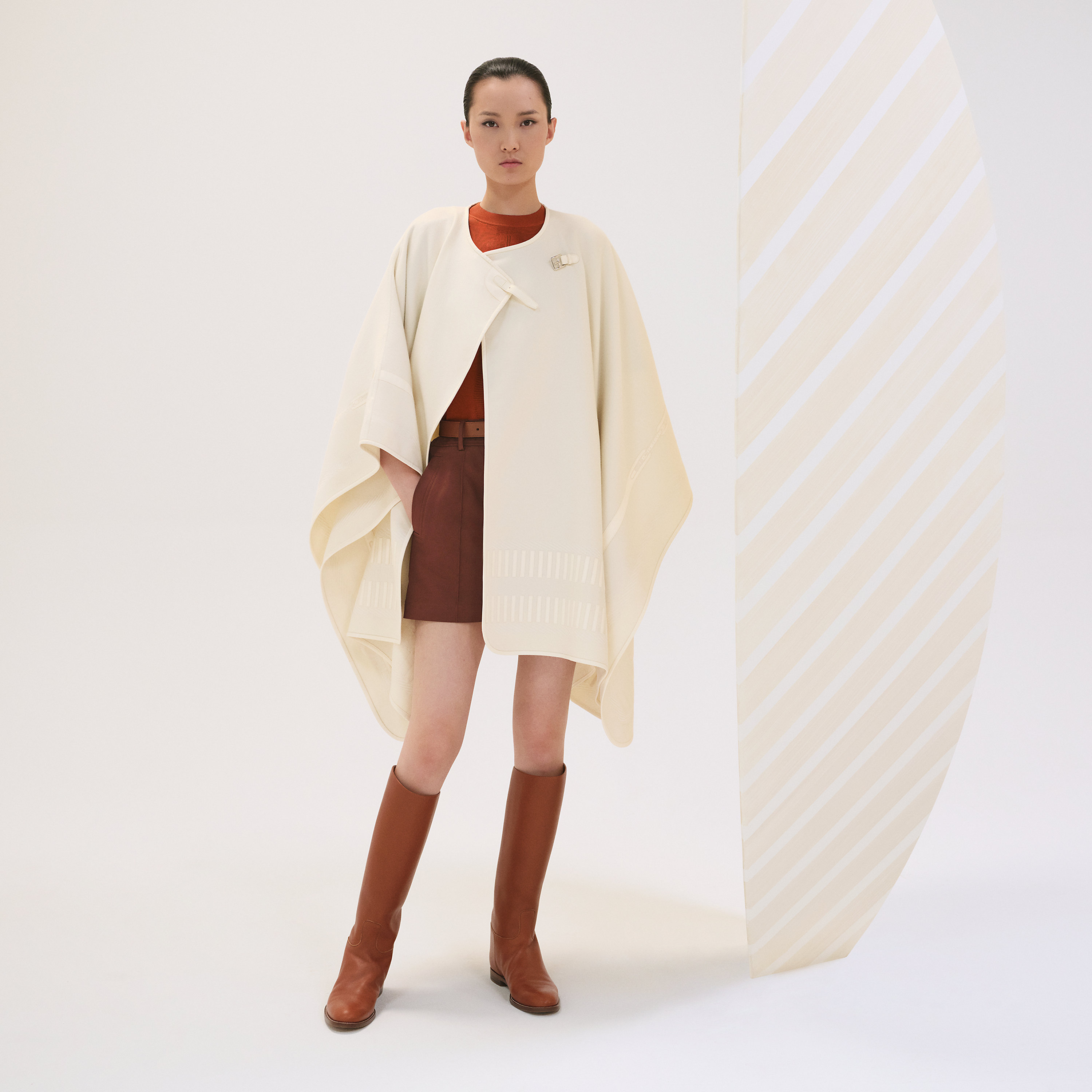 Embroidered cashmere cape with leather detail